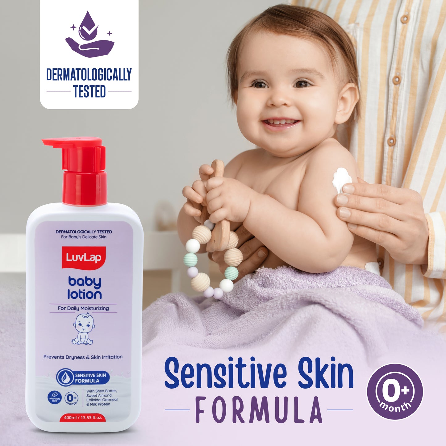 LuvLap Baby Lotion with Milk Protein - 400ml, Suitable for Baby’s Delicate Skin, 24 Hour Protection for Sensitive Skin, Shea Butter and VIT E, Paraben Free, Sweet Almond Oil, Dermatologically Tested