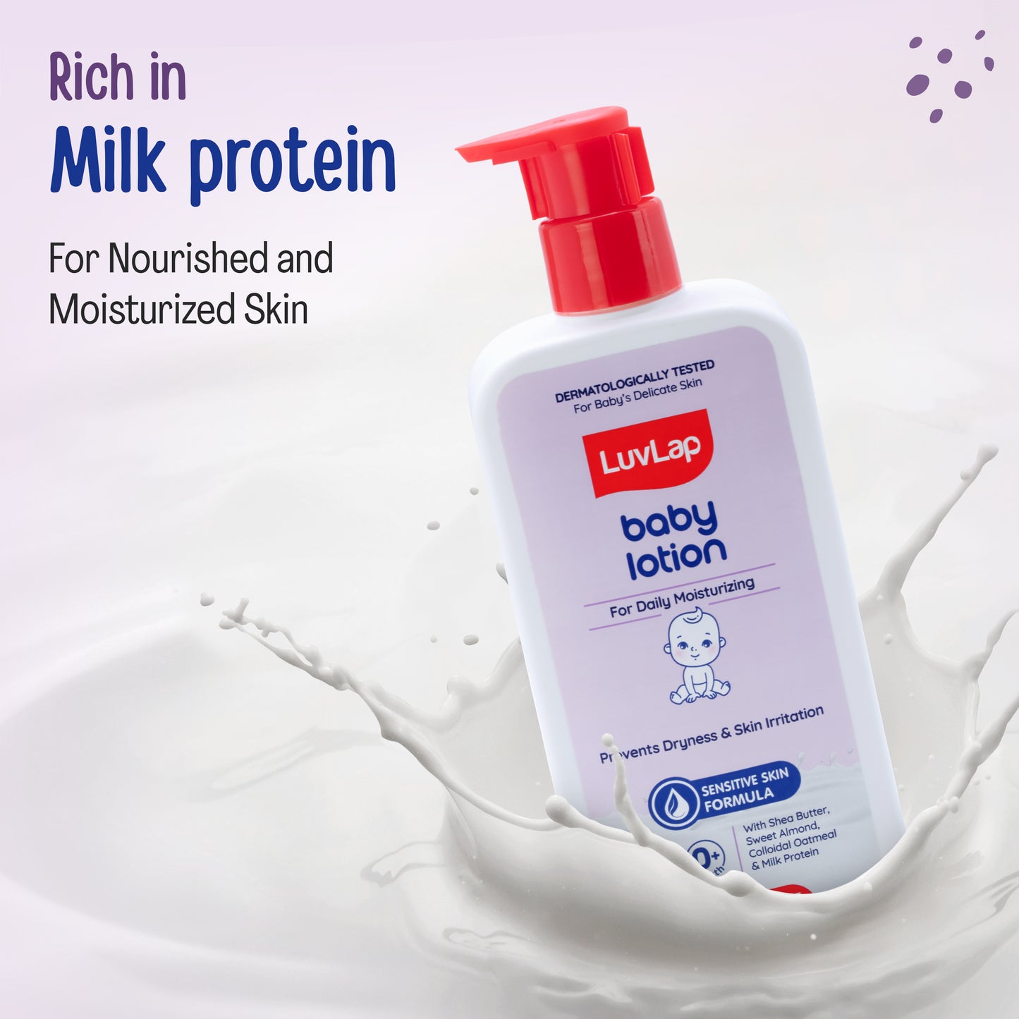 LuvLap Baby Lotion with Milk Protein - 400ml, Suitable for Baby’s Delicate Skin, 24 Hour Protection for Sensitive Skin, Shea Butter and VIT E, Paraben Free, Sweet Almond Oil, Dermatologically Tested