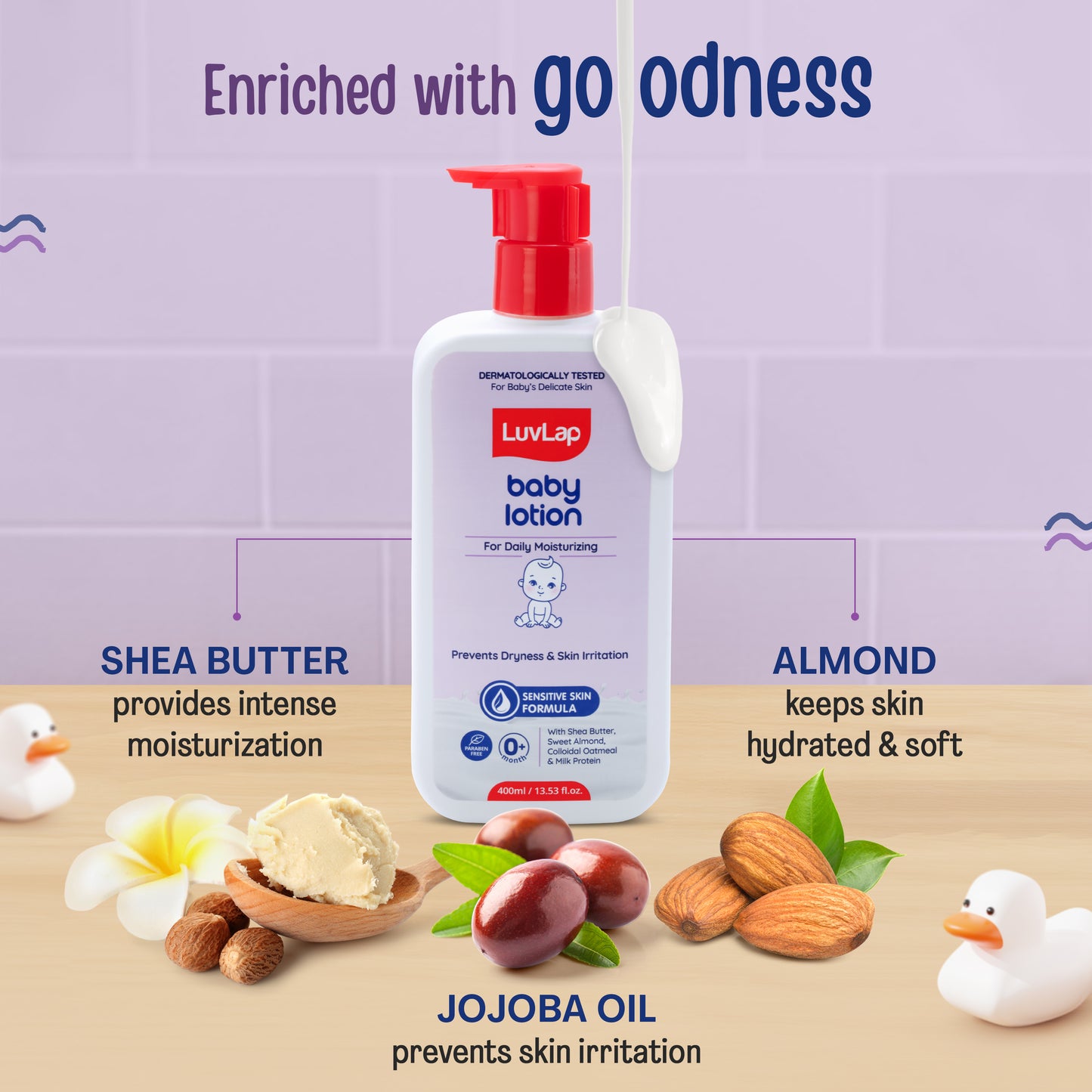 LuvLap Baby Lotion with Milk Protein - 400ml, Suitable for Baby’s Delicate Skin, 24 Hour Protection for Sensitive Skin, Shea Butter and VIT E, Paraben Free, Sweet Almond Oil, Dermatologically Tested