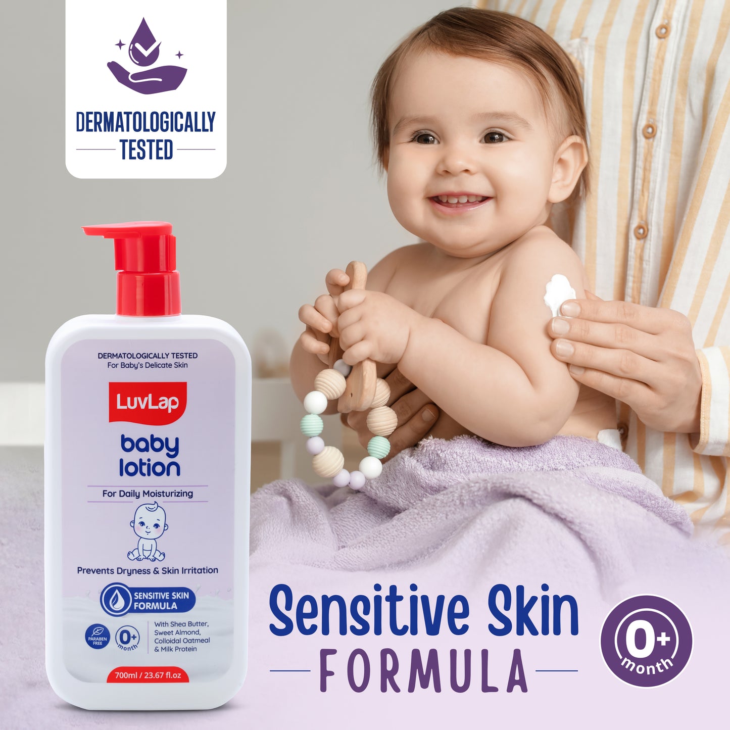 LuvLap Baby Lotion with Milk Protein - 700ml, Suitable for Baby’s Delicate Skin, 24 Hour Protection for Sensitive Skin, Shea Butter and VIT E, Paraben Free, Sweet Almond Oil, Dermatologically Tested