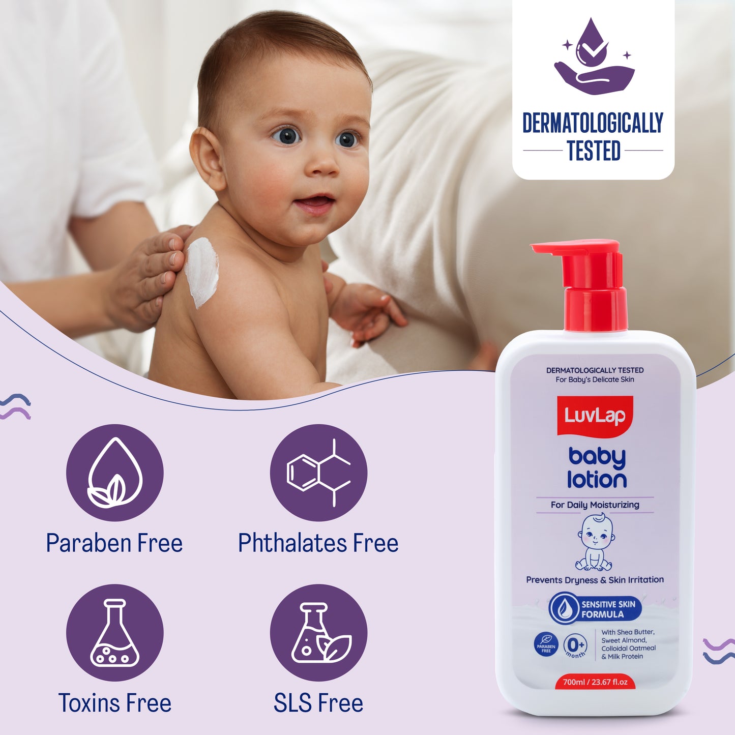 LuvLap Baby Lotion with Milk Protein - 700ml, Suitable for Baby’s Delicate Skin, 24 Hour Protection for Sensitive Skin, Shea Butter and VIT E, Paraben Free, Sweet Almond Oil, Dermatologically Tested