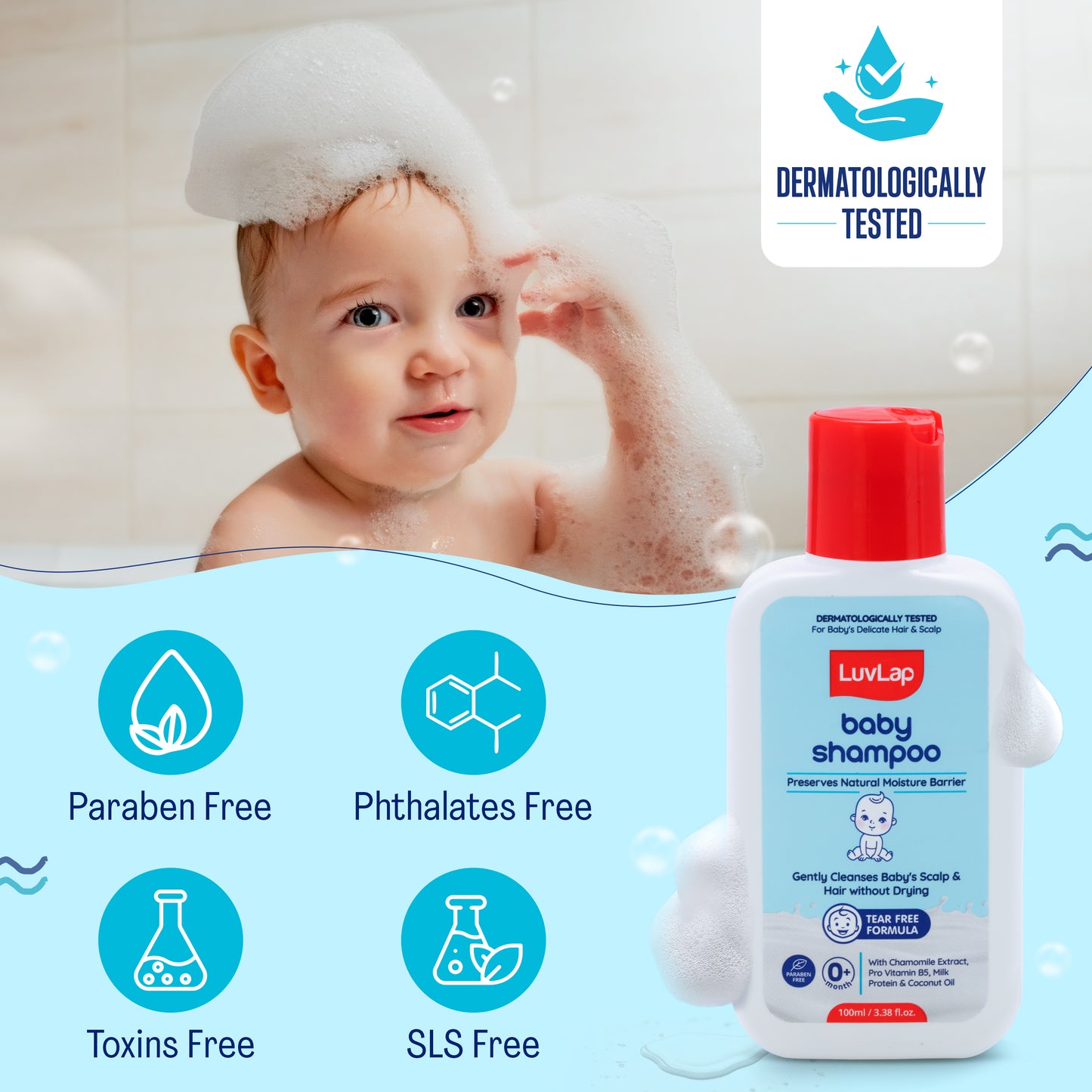 LuvLap Milky Soft Baby Shampoo - 100ml, Tear Free Formula, with Milk Protein, Vitamin E & Coconut Oil, Shea Butter & Chamomile, Gentle Care for Baby's Soft Hair, No Paraben, Dermatologically Tested