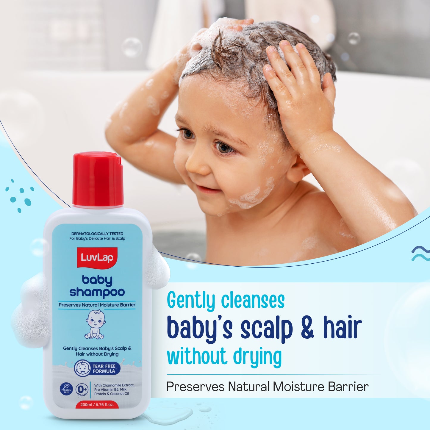 LuvLap Milky Soft Baby Shampoo - 200ml, Tear Free Formula, with Milk Protein, Vitamin E & Coconut Oil, Shea Butter & Chamomile, Gentle Care for Baby's Soft Hair, No Paraben, Dermatologically Tested