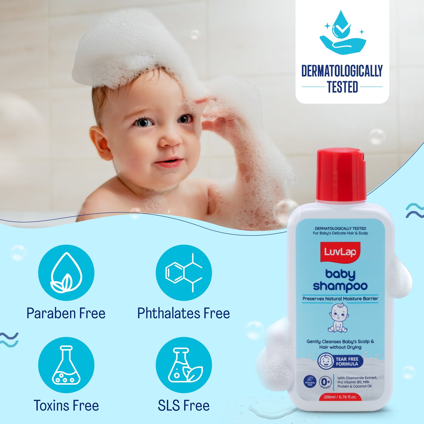 LuvLap Milky Soft Baby Shampoo - 200ml, Tear Free Formula, with Milk Protein, Vitamin E & Coconut Oil, Shea Butter & Chamomile, Gentle Care for Baby's Soft Hair, No Paraben, Dermatologically Tested