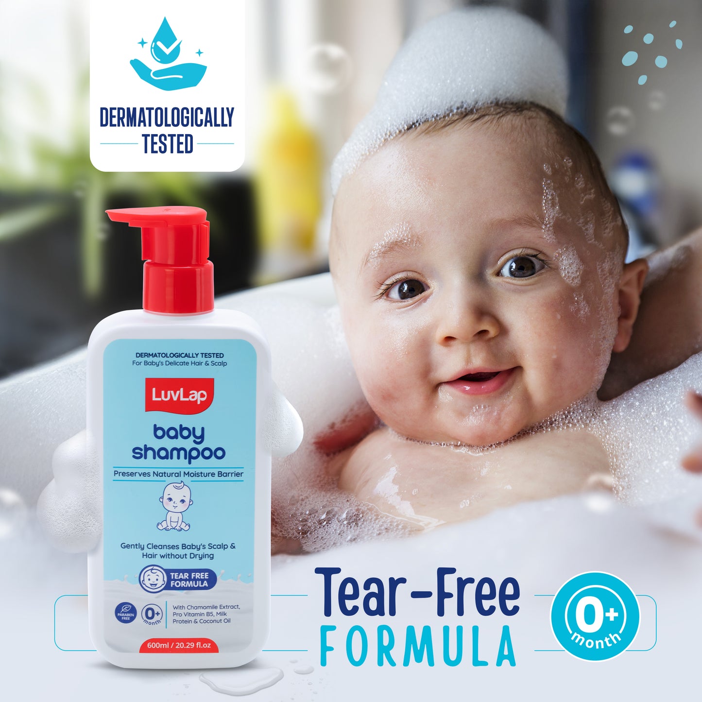LuvLap Milky Soft Baby Shampoo - 600ml, Tear Free Formula, with Milk Protein, Vitamin E & Coconut Oil, Shea Butter & Chamomile, Gentle Care for Baby's Soft Hair, No Paraben, Dermatologically Tested