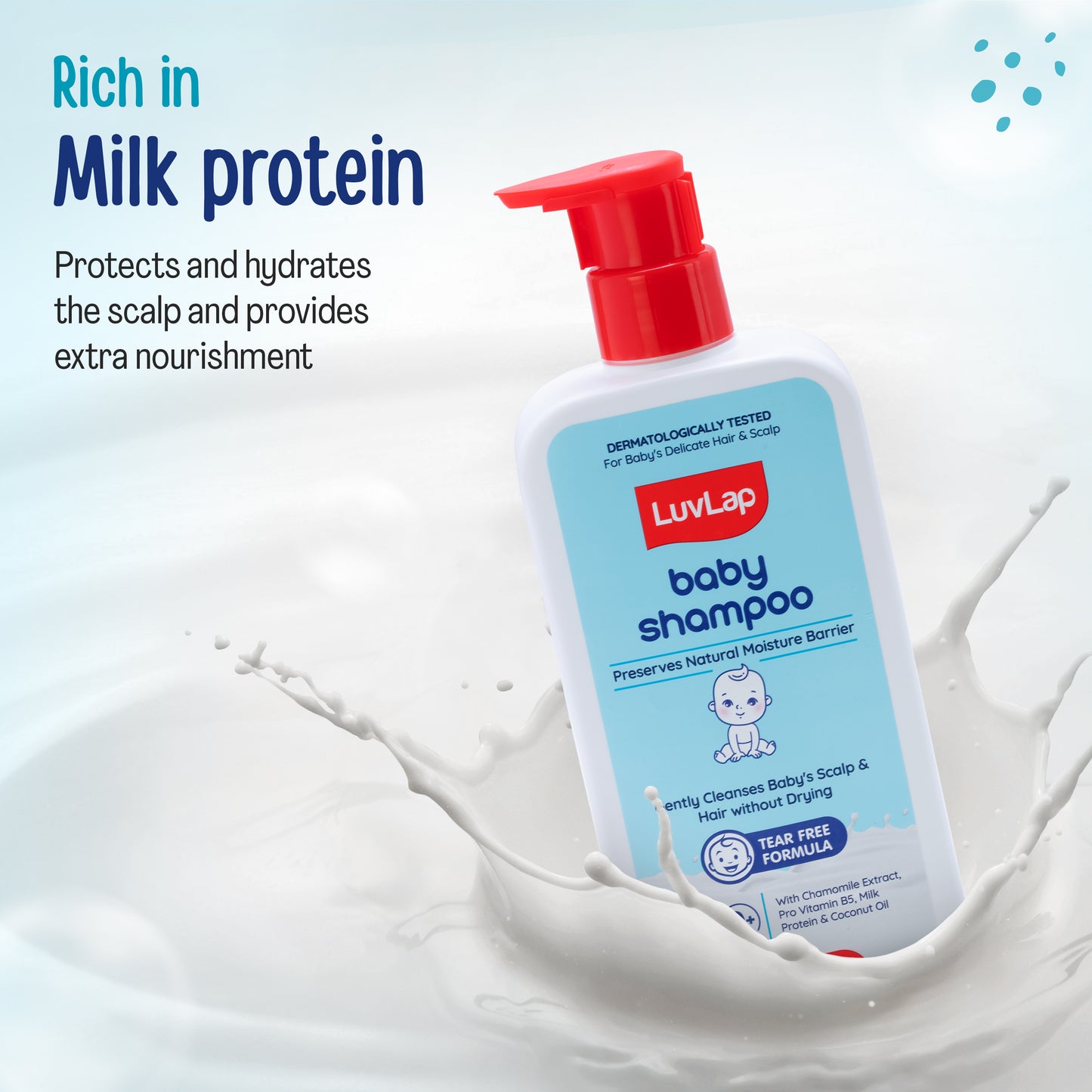LuvLap Milky Soft Baby Shampoo - 600ml, Tear Free Formula, with Milk Protein, Vitamin E & Coconut Oil, Shea Butter & Chamomile, Gentle Care for Baby's Soft Hair, No Paraben, Dermatologically Tested