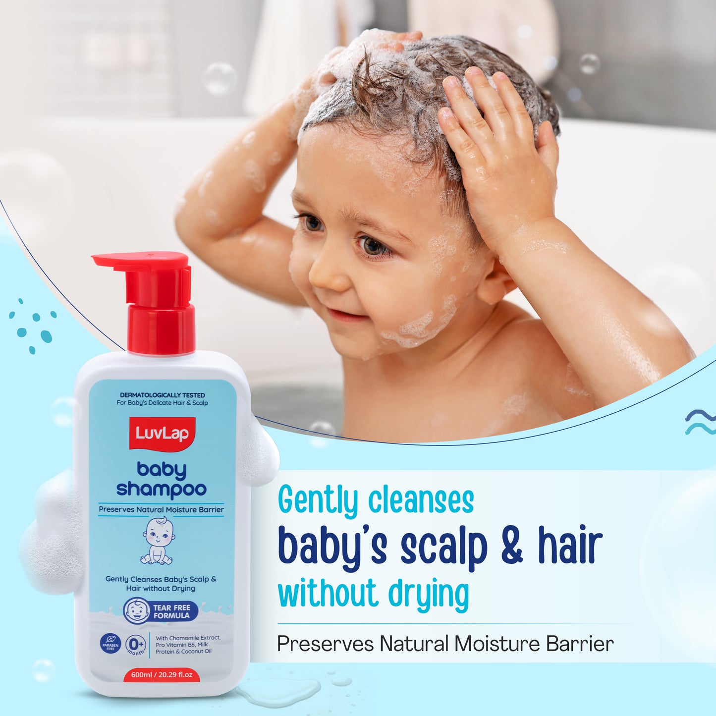 LuvLap Milky Soft Baby Shampoo - 600ml, Tear Free Formula, with Milk Protein, Vitamin E & Coconut Oil, Shea Butter & Chamomile, Gentle Care for Baby's Soft Hair, No Paraben, Dermatologically Tested