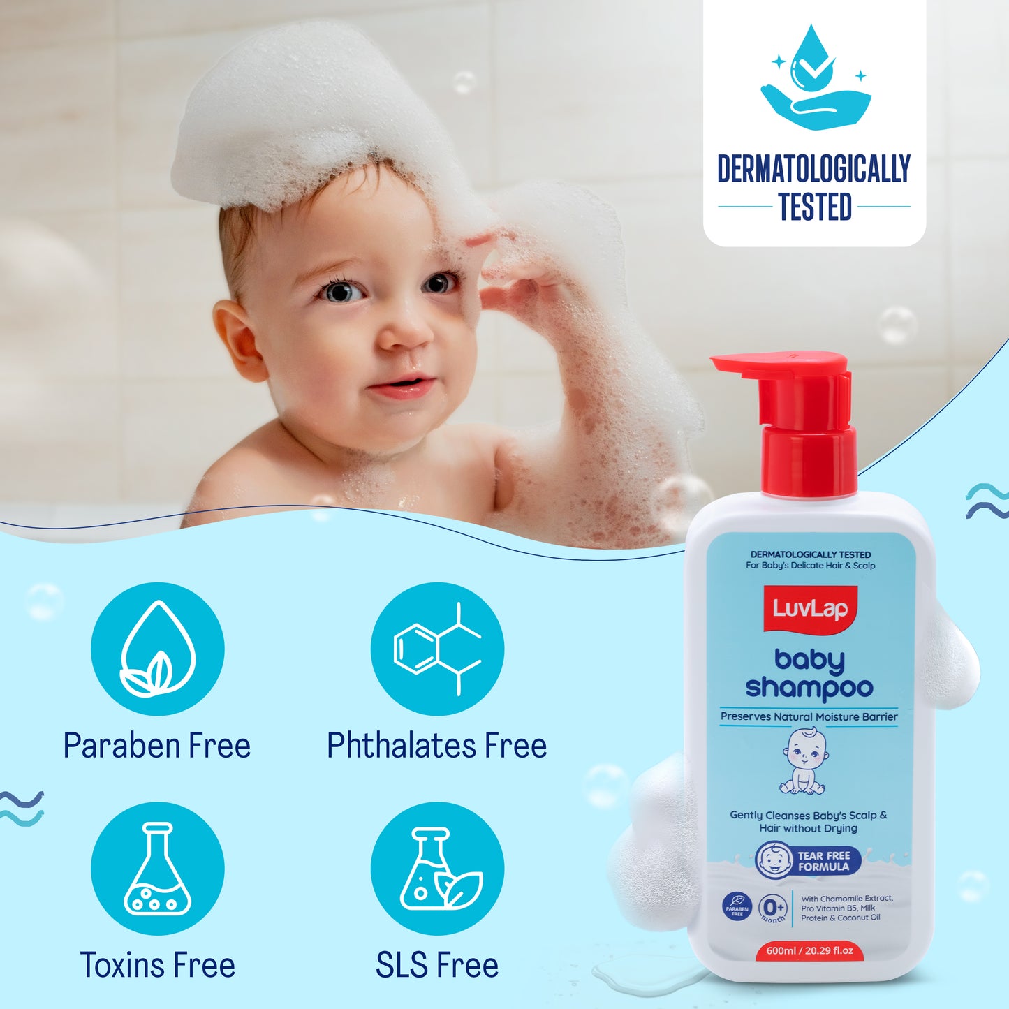 LuvLap Milky Soft Baby Shampoo - 600ml, Tear Free Formula, with Milk Protein, Vitamin E & Coconut Oil, Shea Butter & Chamomile, Gentle Care for Baby's Soft Hair, No Paraben, Dermatologically Tested
