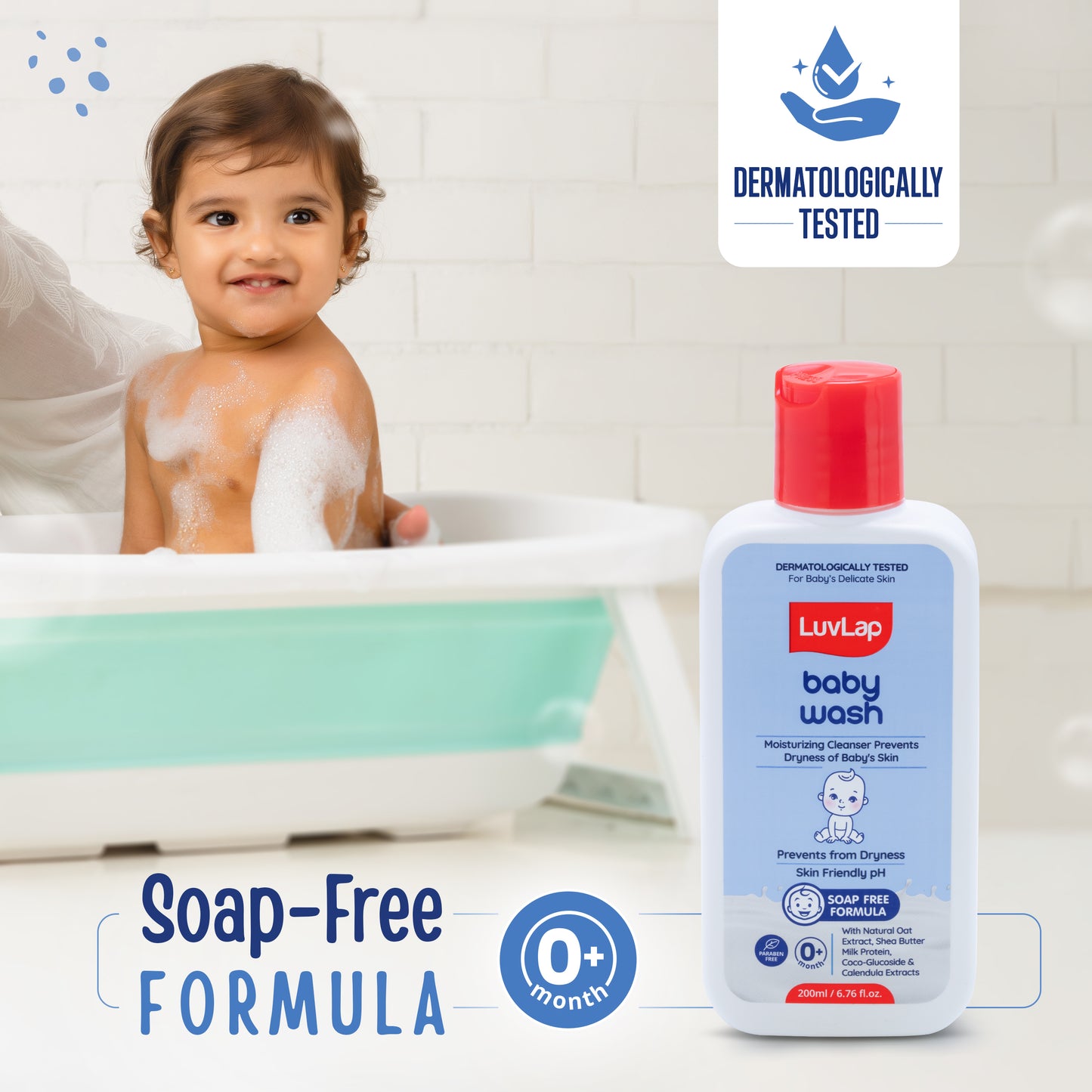 LuvLap Baby Wash - 200ml, with Milk Protein, Oatmeal, Shea Butter and Vitamin E, Soap Free, Baby Wash for Baby Bath, Natural, pH Balanced & Paraben Free, Dermatologically Tested