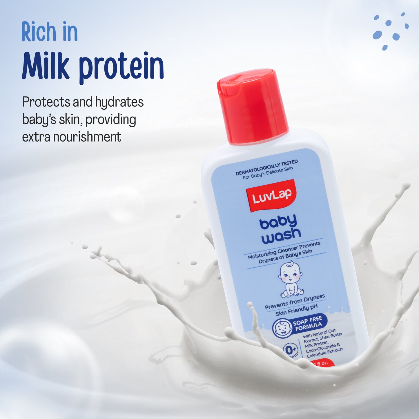 LuvLap Baby Wash - 200ml, with Milk Protein, Oatmeal, Shea Butter and Vitamin E, Soap Free, Baby Wash for Baby Bath, Natural, pH Balanced & Paraben Free, Dermatologically Tested