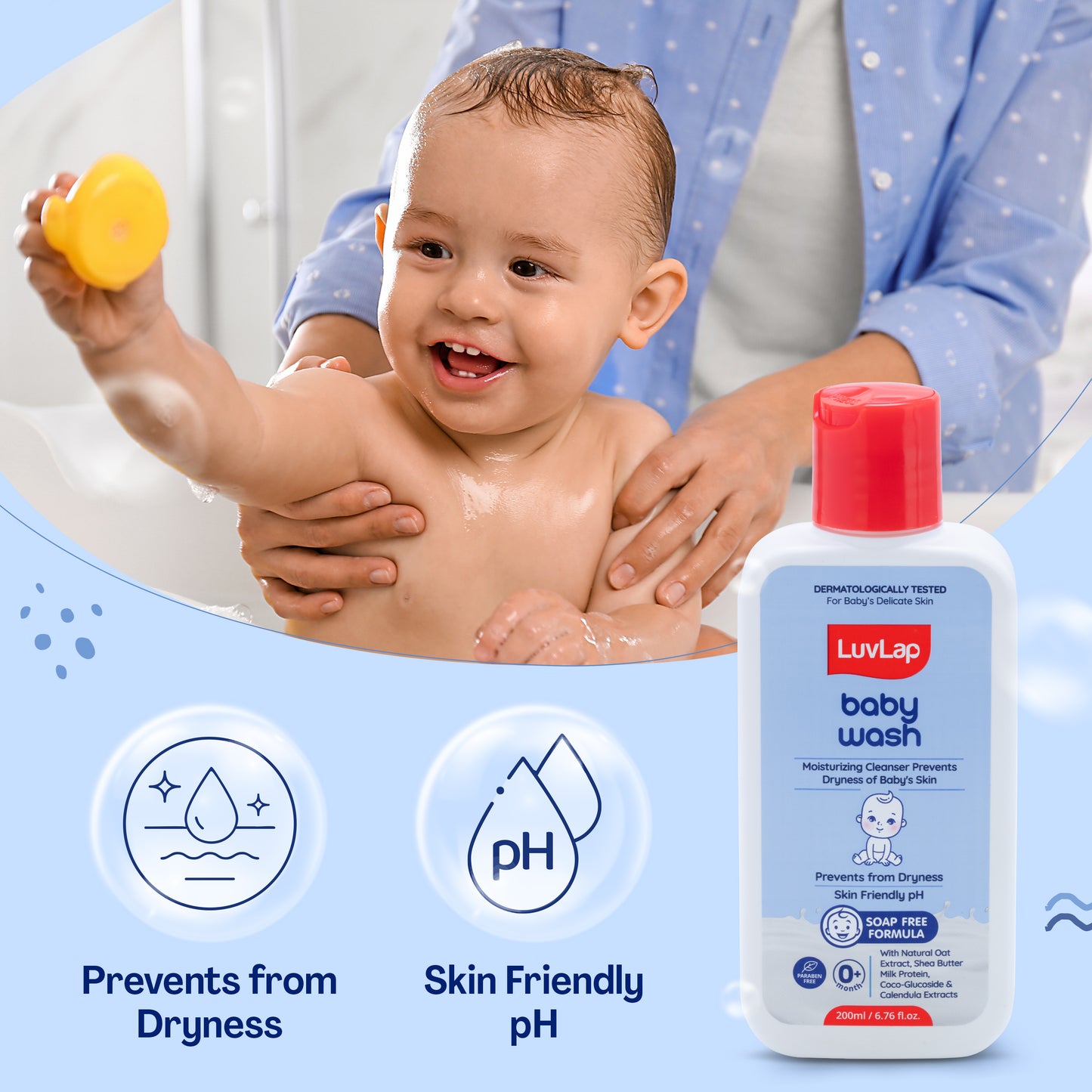 LuvLap Baby Wash - 200ml, with Milk Protein, Oatmeal, Shea Butter and Vitamin E, Soap Free, Baby Wash for Baby Bath, Natural, pH Balanced & Paraben Free, Dermatologically Tested