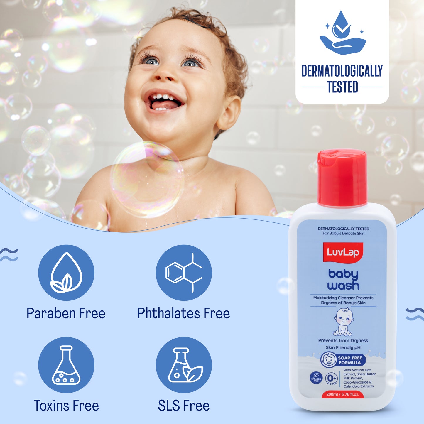 LuvLap Baby Wash - 200ml, with Milk Protein, Oatmeal, Shea Butter and Vitamin E, Soap Free, Baby Wash for Baby Bath, Natural, pH Balanced & Paraben Free, Dermatologically Tested