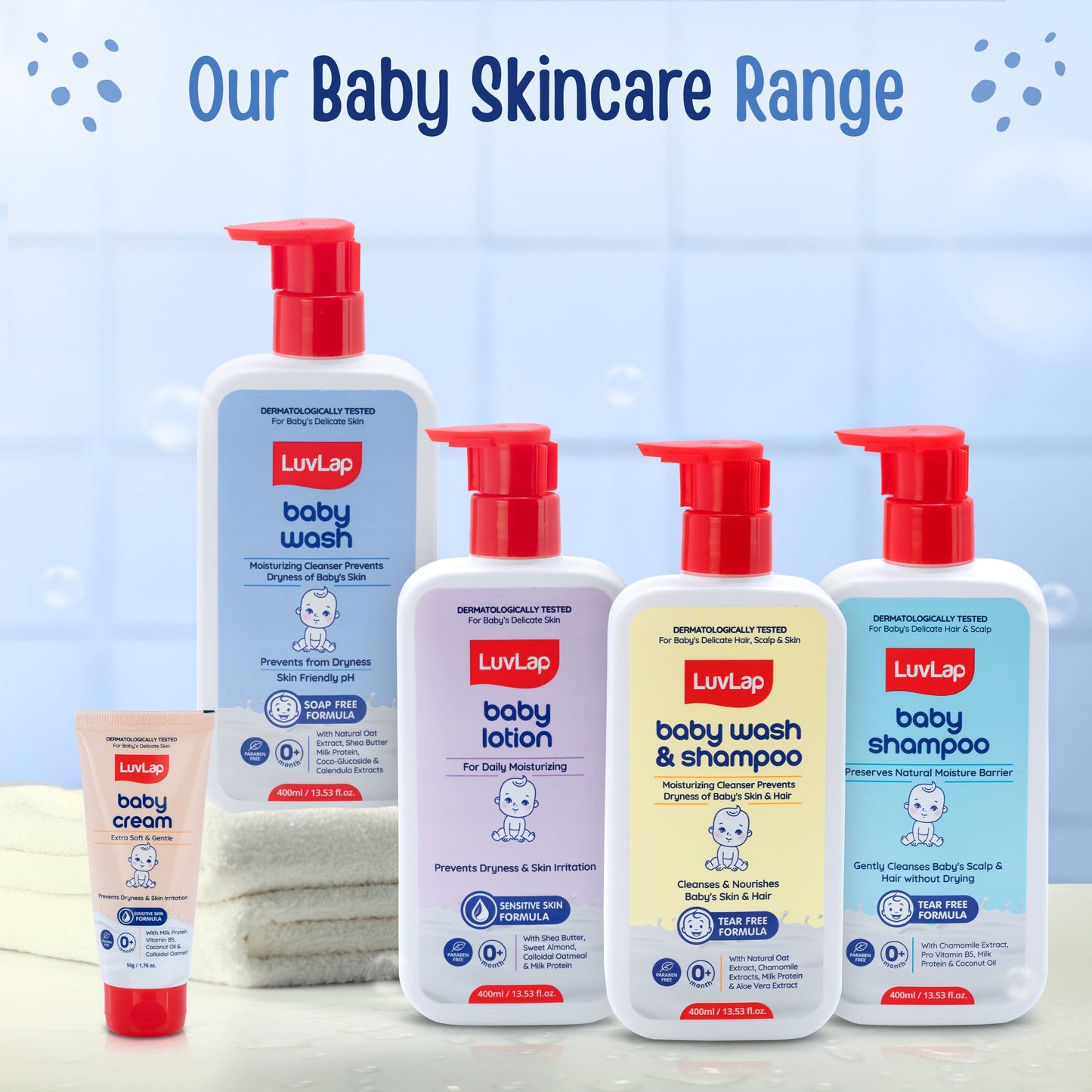 LuvLap Baby Wash - 400ml, with Milk Protein, Oatmeal, Shea Butter and Vitamin E, Soap Free, Baby Wash for Baby Bath, Natural, pH Balanced & Paraben Free, Dermatologically Tested