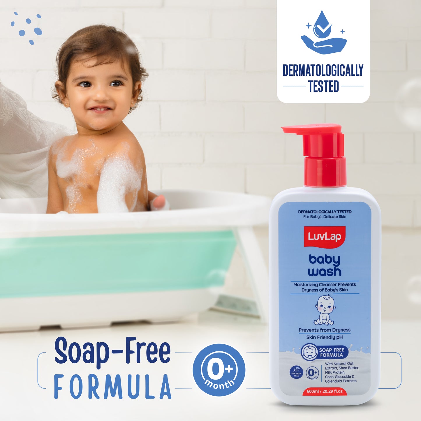 LuvLap Baby Wash - 600ml, with Milk Protein, Oatmeal, Shea Butter and Vitamin E, Soap Free, Baby Wash for Baby Bath, Natural, pH Balanced & Paraben Free, Dermatologically Tested