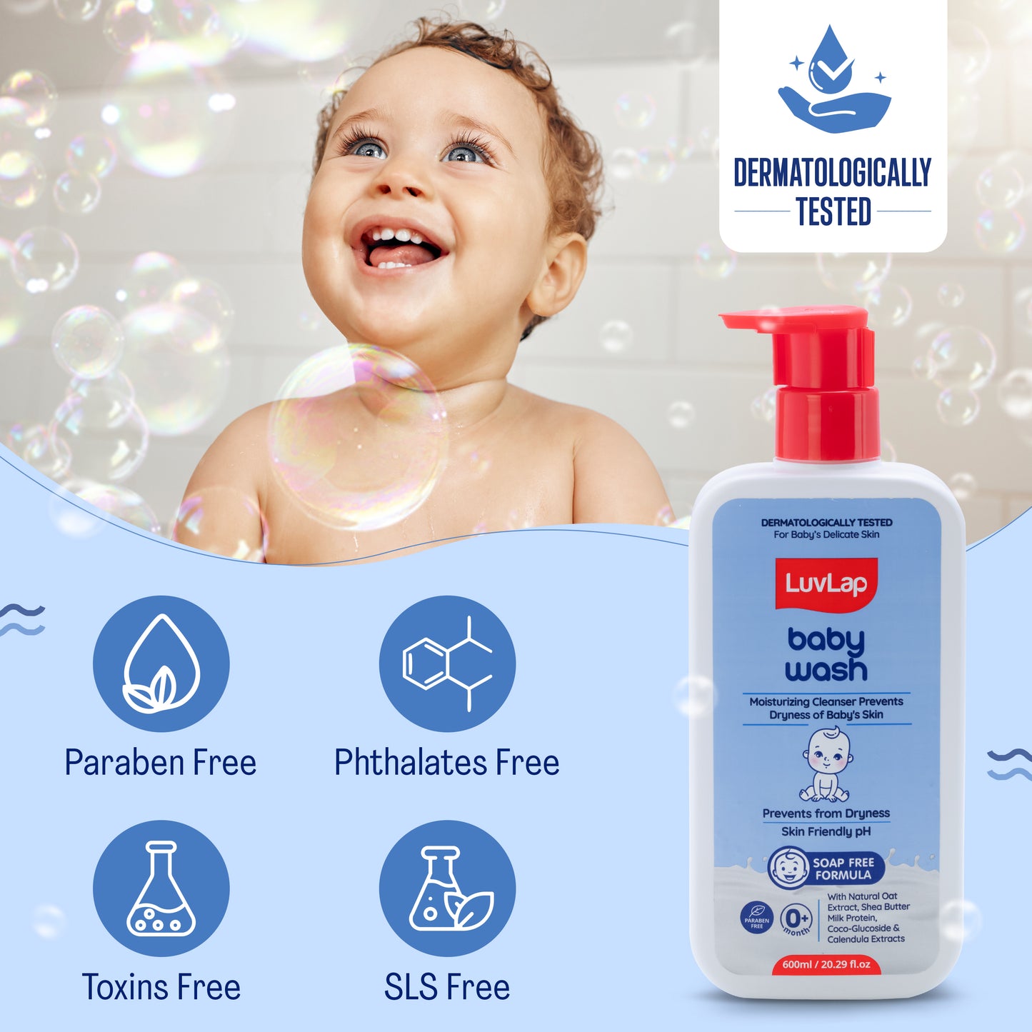 LuvLap Baby Wash - 600ml, with Milk Protein, Oatmeal, Shea Butter and Vitamin E, Soap Free, Baby Wash for Baby Bath, Natural, pH Balanced & Paraben Free, Dermatologically Tested