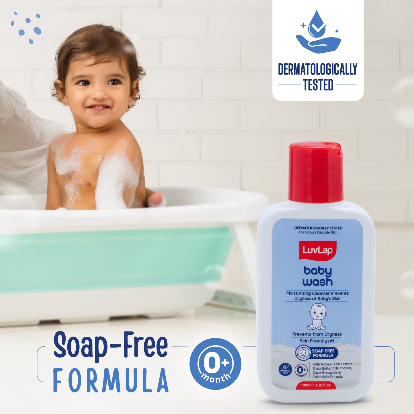 LuvLap Baby Wash - 100ml, with Milk Protein, Oatmeal, Shea Butter and Vitamin E, Soap Free, Baby Wash for Baby Bath, Natural, pH Balanced & Paraben Free, Dermatologically Tested