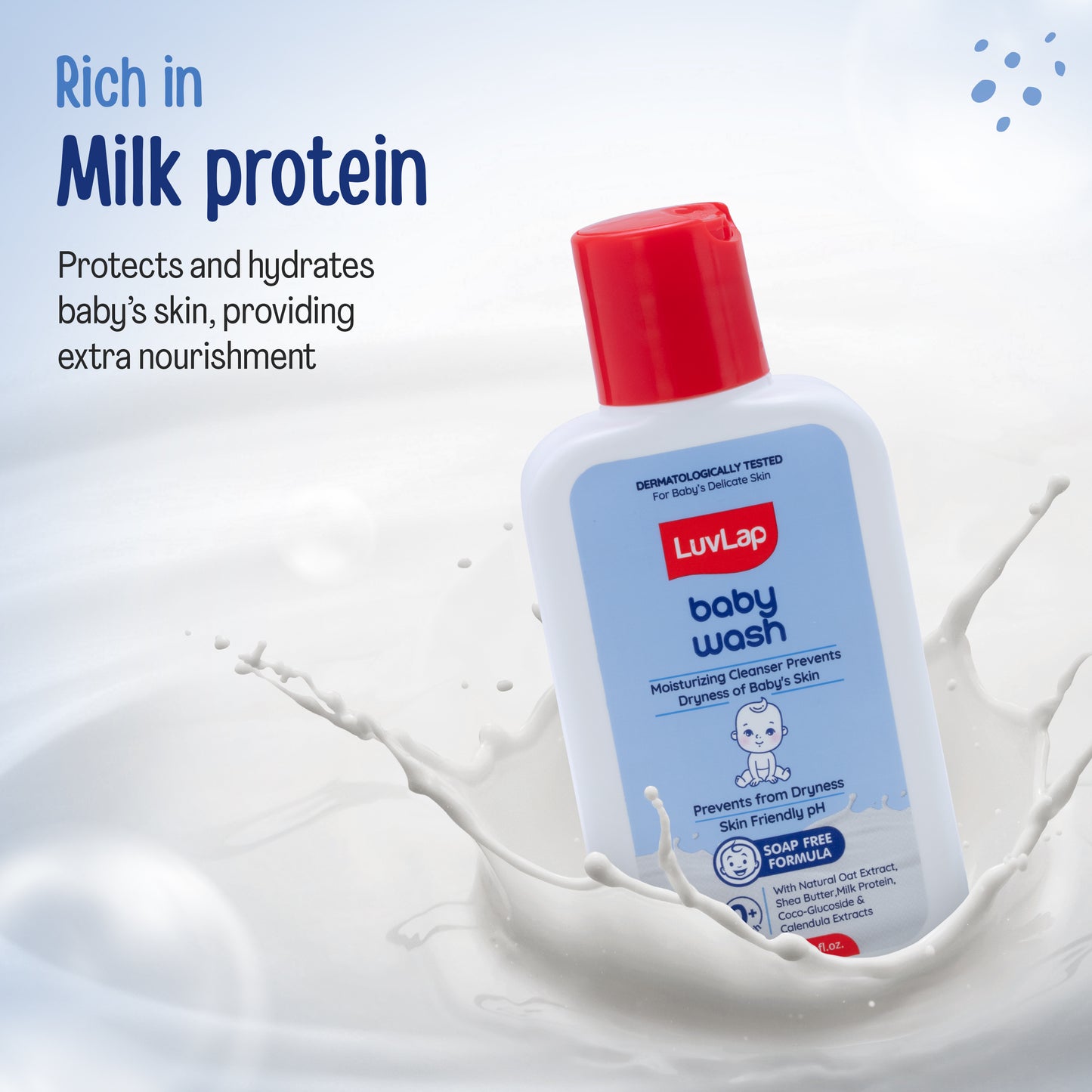 LuvLap Baby Wash - 100ml, with Milk Protein, Oatmeal, Shea Butter and Vitamin E, Soap Free, Baby Wash for Baby Bath, Natural, pH Balanced & Paraben Free, Dermatologically Tested