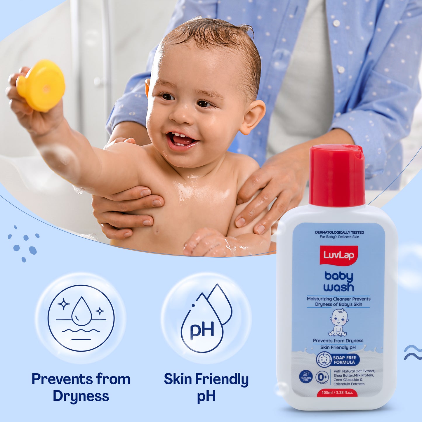 LuvLap Baby Wash - 100ml, with Milk Protein, Oatmeal, Shea Butter and Vitamin E, Soap Free, Baby Wash for Baby Bath, Natural, pH Balanced & Paraben Free, Dermatologically Tested