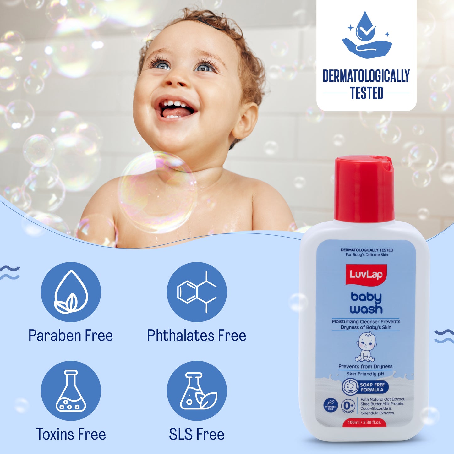 LuvLap Baby Wash - 100ml, with Milk Protein, Oatmeal, Shea Butter and Vitamin E, Soap Free, Baby Wash for Baby Bath, Natural, pH Balanced & Paraben Free, Dermatologically Tested