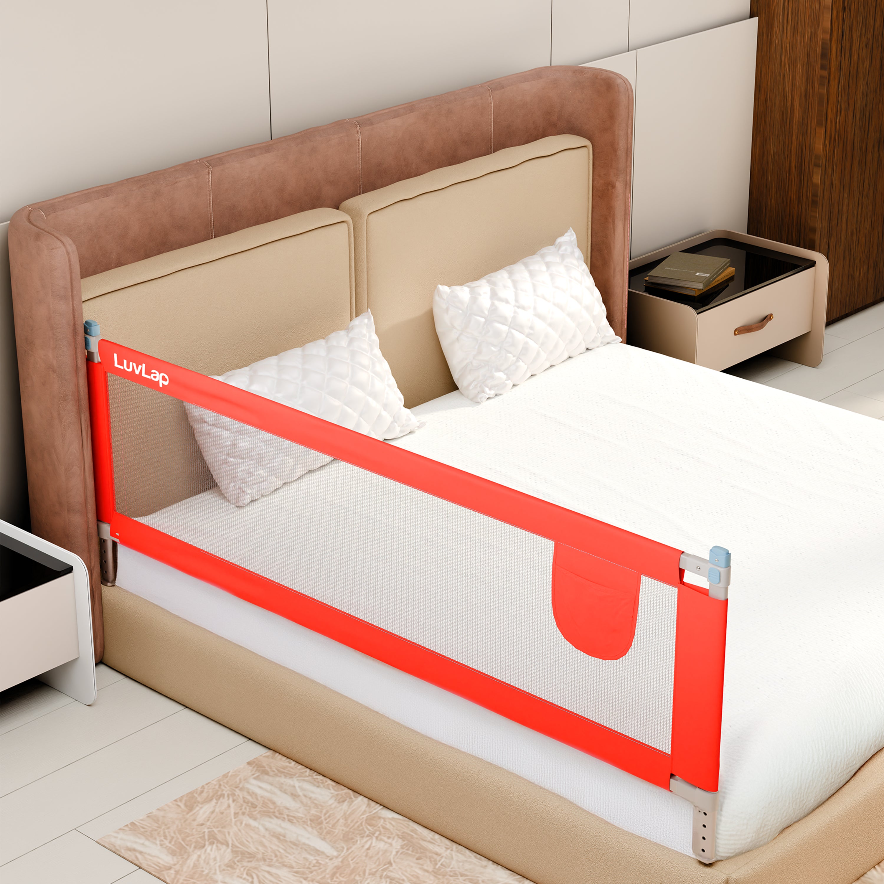 Bed Rail Guard for Baby/Kids Safety, 180cm x 72 cm, Portable & Foldable, Baby Safety Essential, Adjustable Height, fits All Bed Sizes (Red - Without Print)