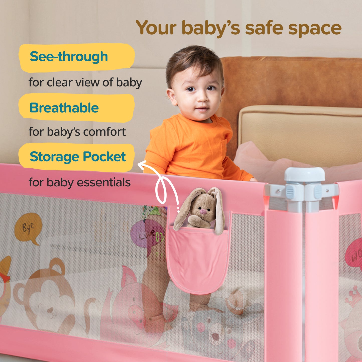 Comfy Baby Bed Rail Guard (6 ft x 2.3 ft), 180cmx72cm, Bed Rails for Baby & Toddler Safety, Portable, Adjustable Height, Single Side Bed Rail, Pack of 1, Printed Pink