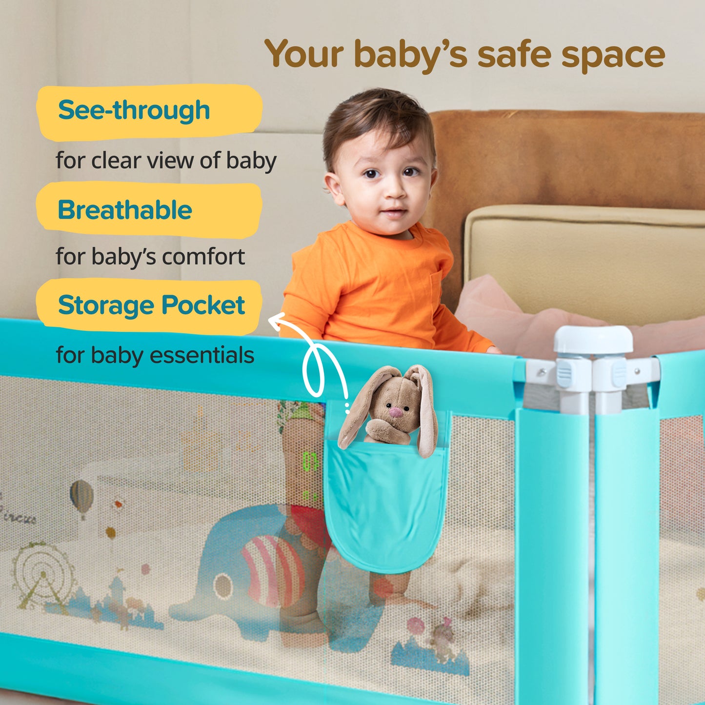 Comfy Baby Bed Rail Guard (6 ft x 2.3 ft), 180cmx72cm, Bed Rails for Baby & Toddler Safety, Portable, Adjustable Height, Single Side Bed Rail, Pack of 1, Green