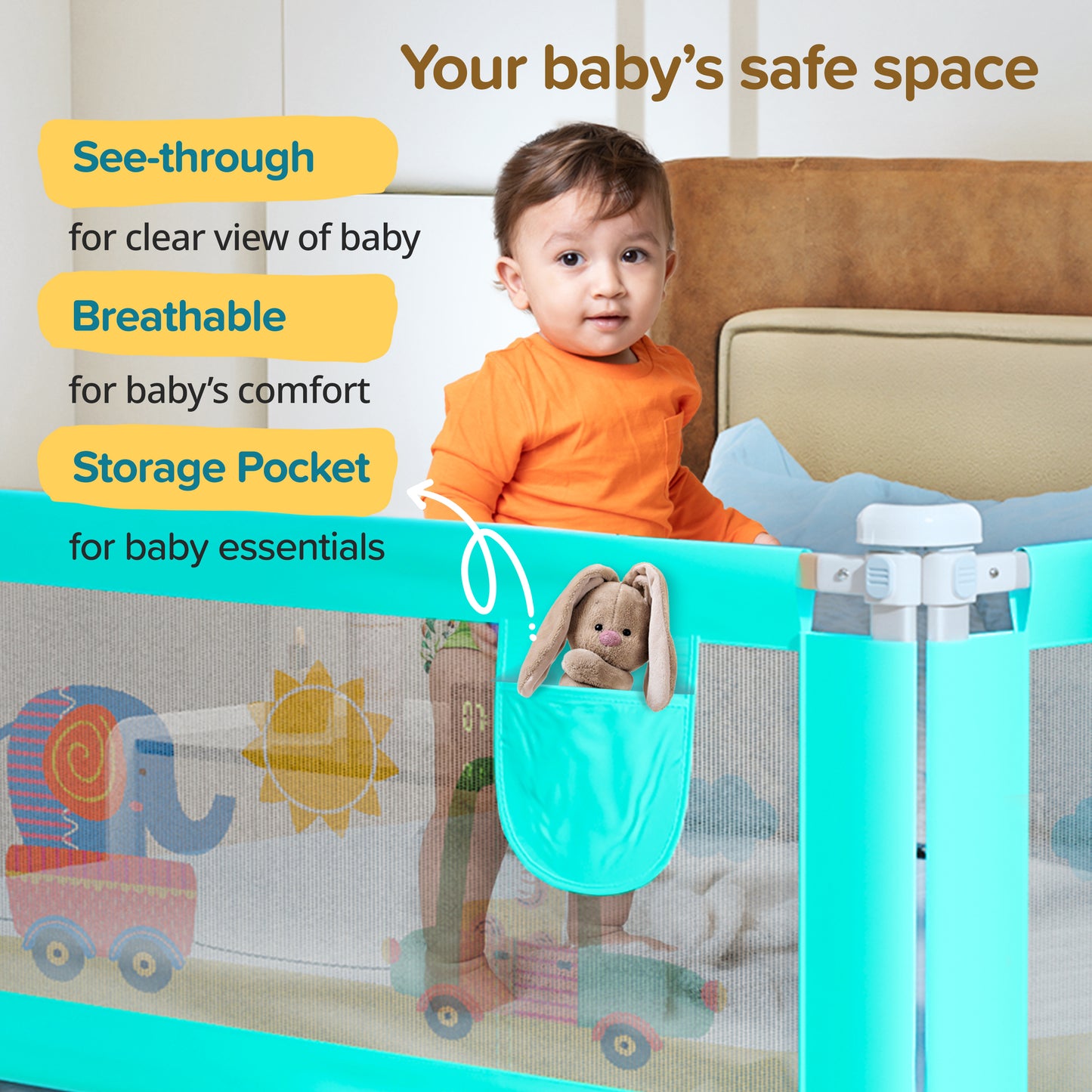 Comfy Baby Bed Rail Guard (6 ft x 2.3 ft), 180cmx72cm, Bed Rails for Baby & Toddler Safety, Portable, Adjustable Height, Single Side Bed Rail, Pack of 1, Printed Green