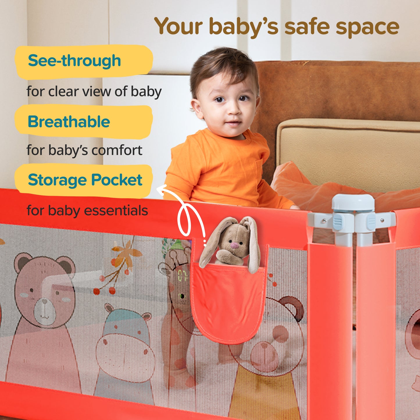 Comfy Baby Bed Rail Guard (6 ft x 2.3 ft), 180cmx72cm, Bed Rails for Baby & Toddler Safety, Portable, Adjustable Height, Single Side Bed Rail, Pack of 1, Printed Pink New