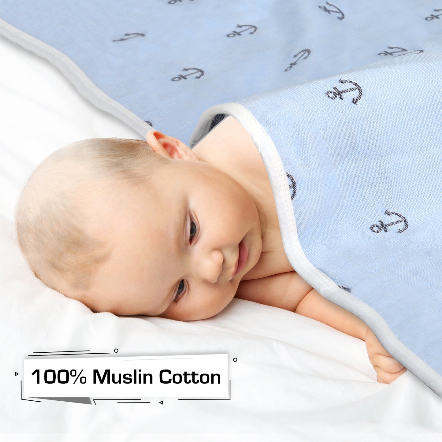 Baby Cotton Quilts Cum Wrappers, Blue Anchor