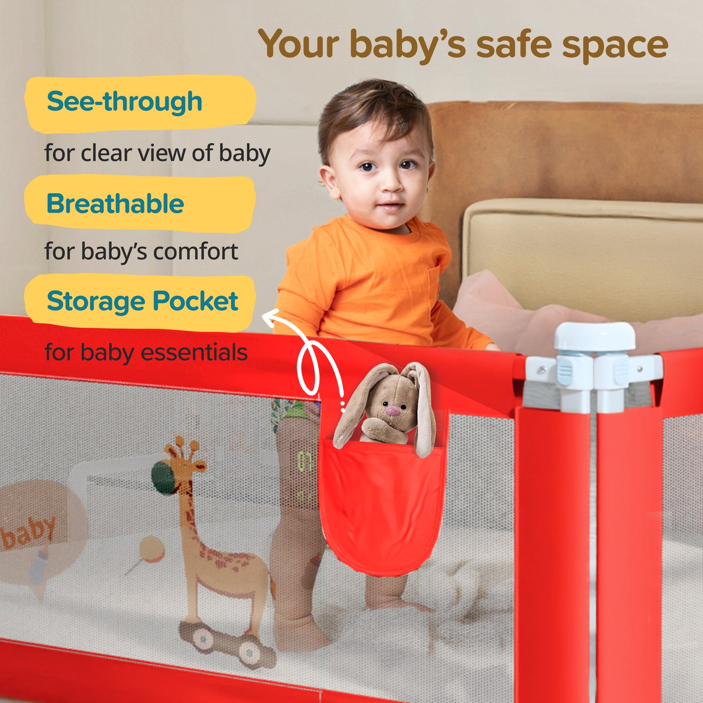 Comfy Baby Bed Rail Guard (6 ft x 2.3 ft), 180cmx72cm, Bed Rails for Baby & Toddler Safety, Portable, Adjustable Height, Single Side Bed Rail, Pack of 1, Printed Red