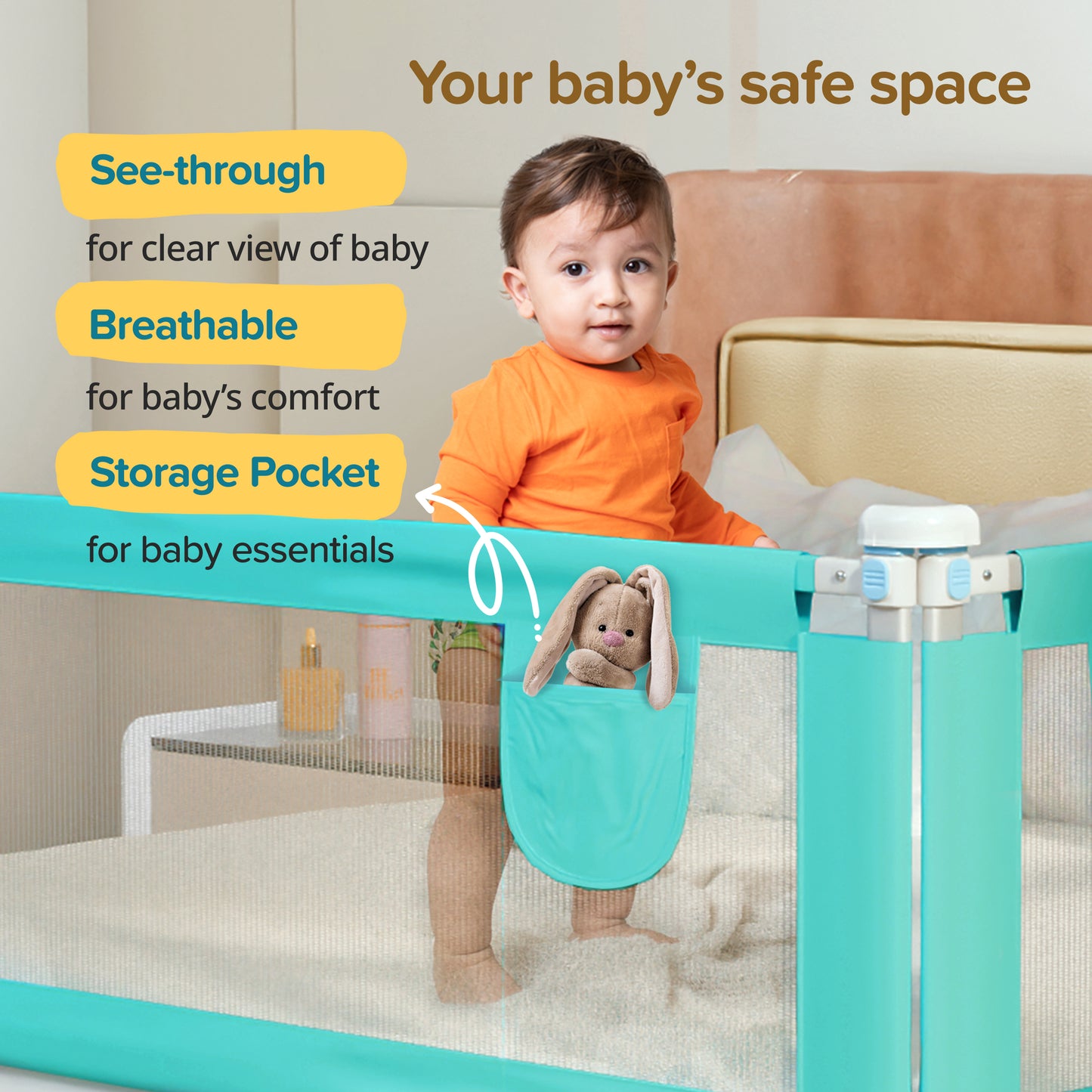 Alloy Steel Bed Rail Guard for Baby/Kids Safety, 180Cm X 72 Cm, Portable & Foldable, Baby Safety Essential, Adjustable Height, Fits All Bed Sizes (Green - Without Print)