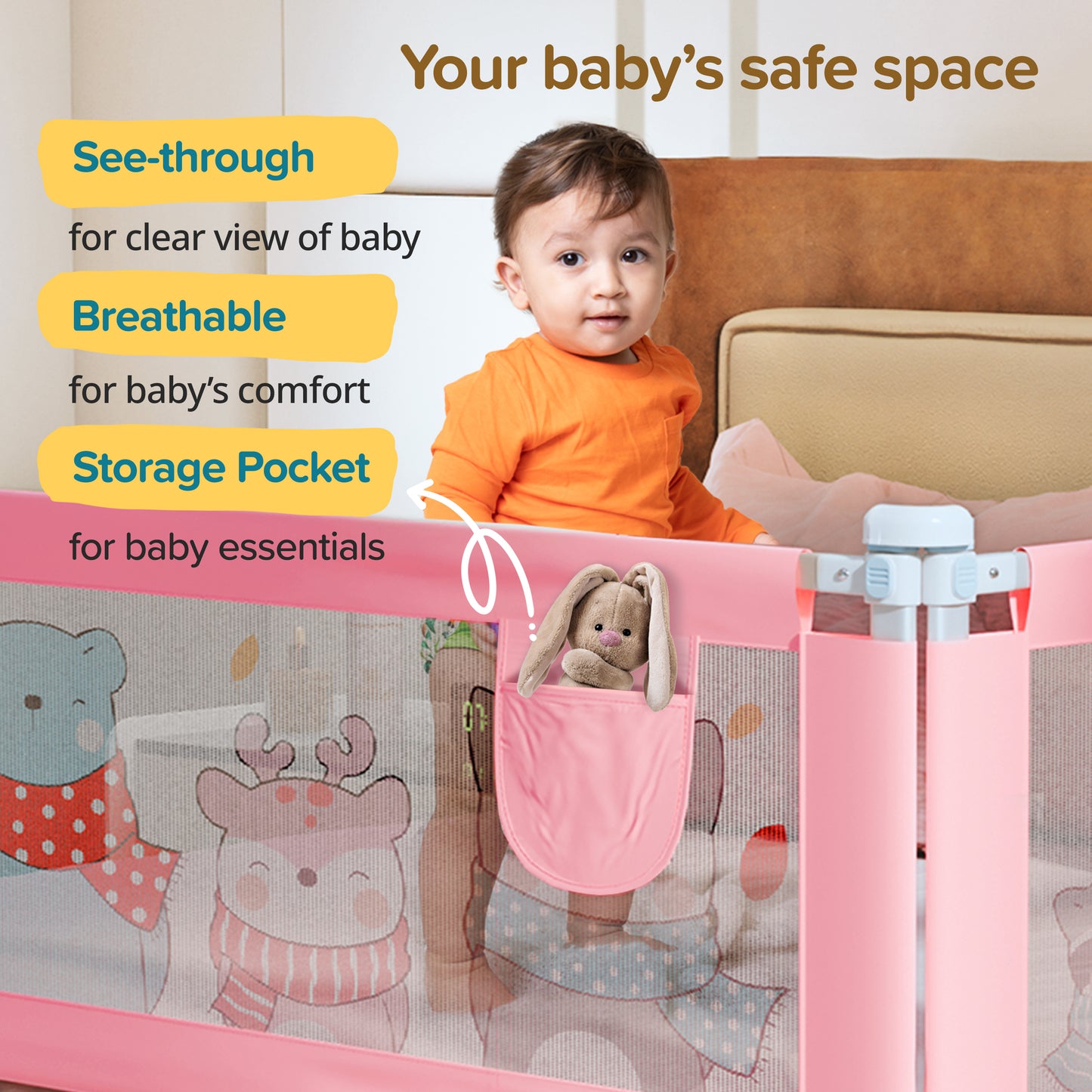 Comfy Baby Bed Rail Guard (6 ft x 2.3 ft), 180cmx72cm, Bed Rails for Baby & Toddler Safety, Portable, Adjustable Height, Single Side Bed Rail, Pack of 1, Printed Pink New