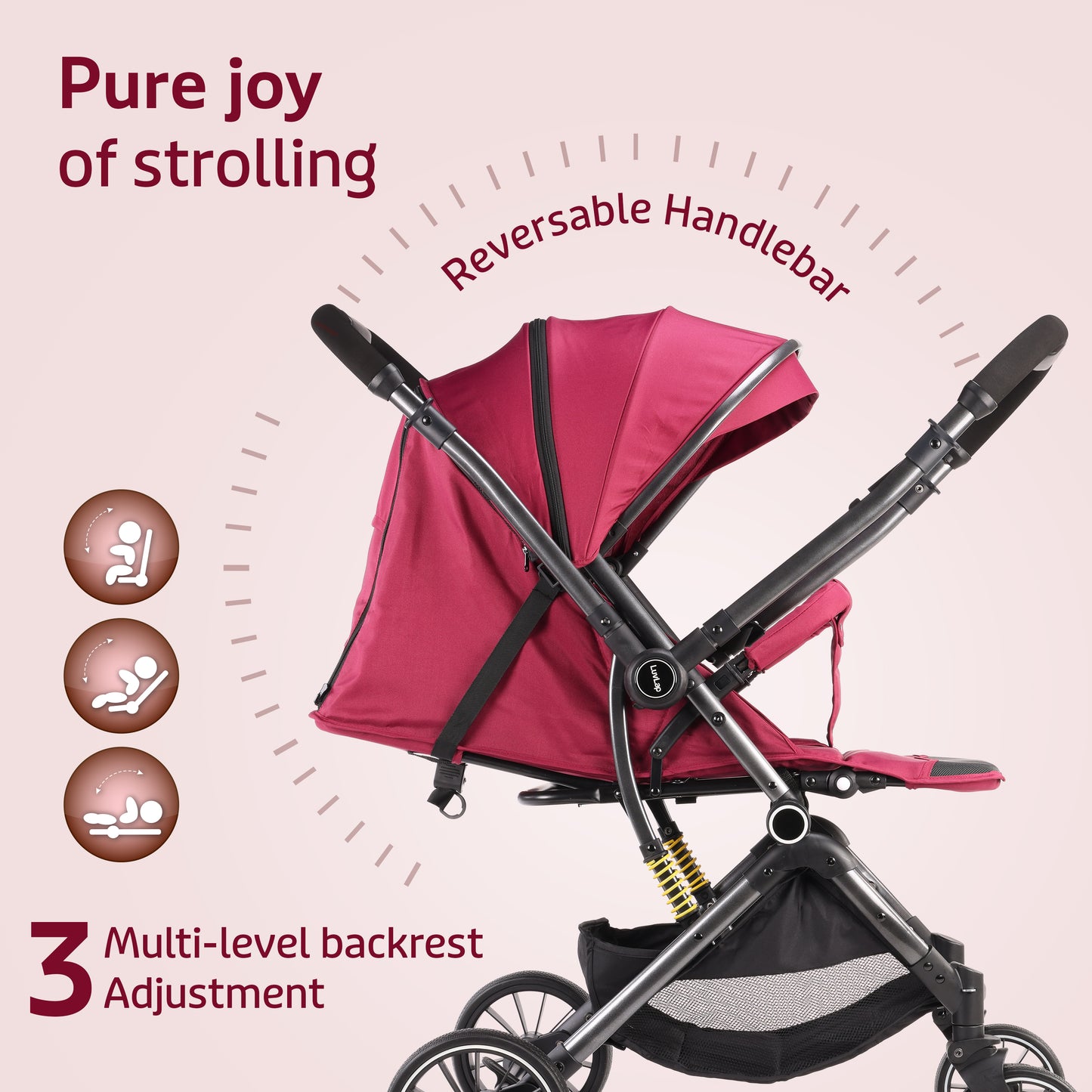Alpha Baby Stroller/Pram, One Fold, Travel Friendly, 5 Point Safety Harness, Reversible Handle bar, Multilevel Recline & Adjustable footrest, Extendable Canopy, for Babies 0-3 Years (Red)