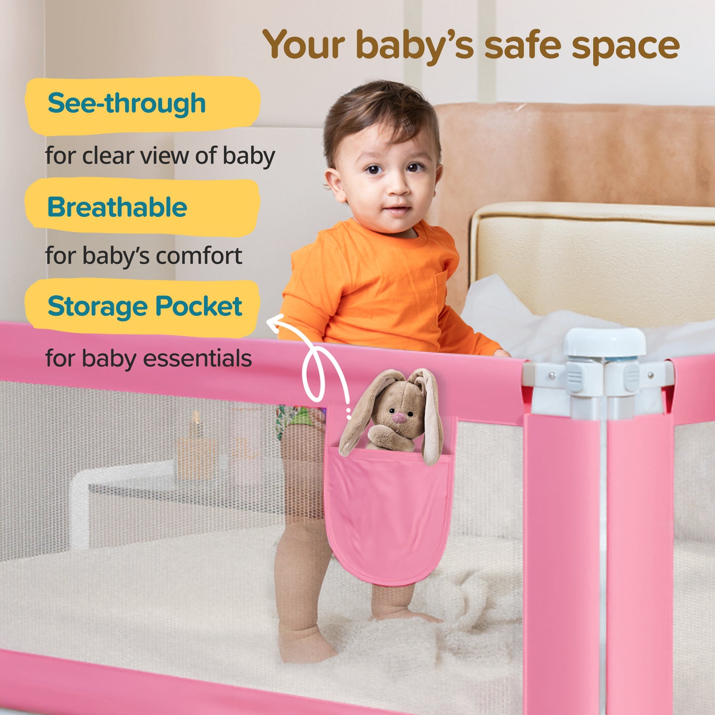 Bed Rail Guard for Baby/Kids Safety, 180cm x 72 cm, Portable & Foldable, Baby Safety Essential, Adjustable Height, fits All Bed Sizes (Pink - Without Print)