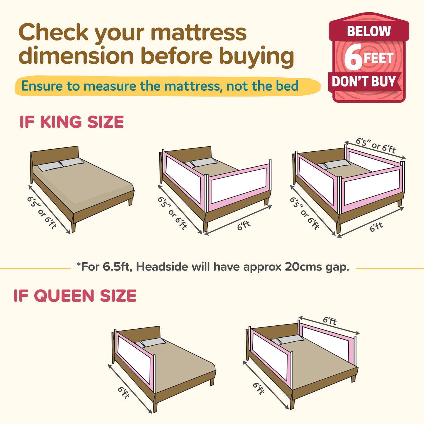 Bed Rail Guard for Baby/Kids Safety, 180cm x 72 cm, Portable & Foldable, Baby Safety Essential, Adjustable Height, fits All Bed Sizes (Pink - Without Print)