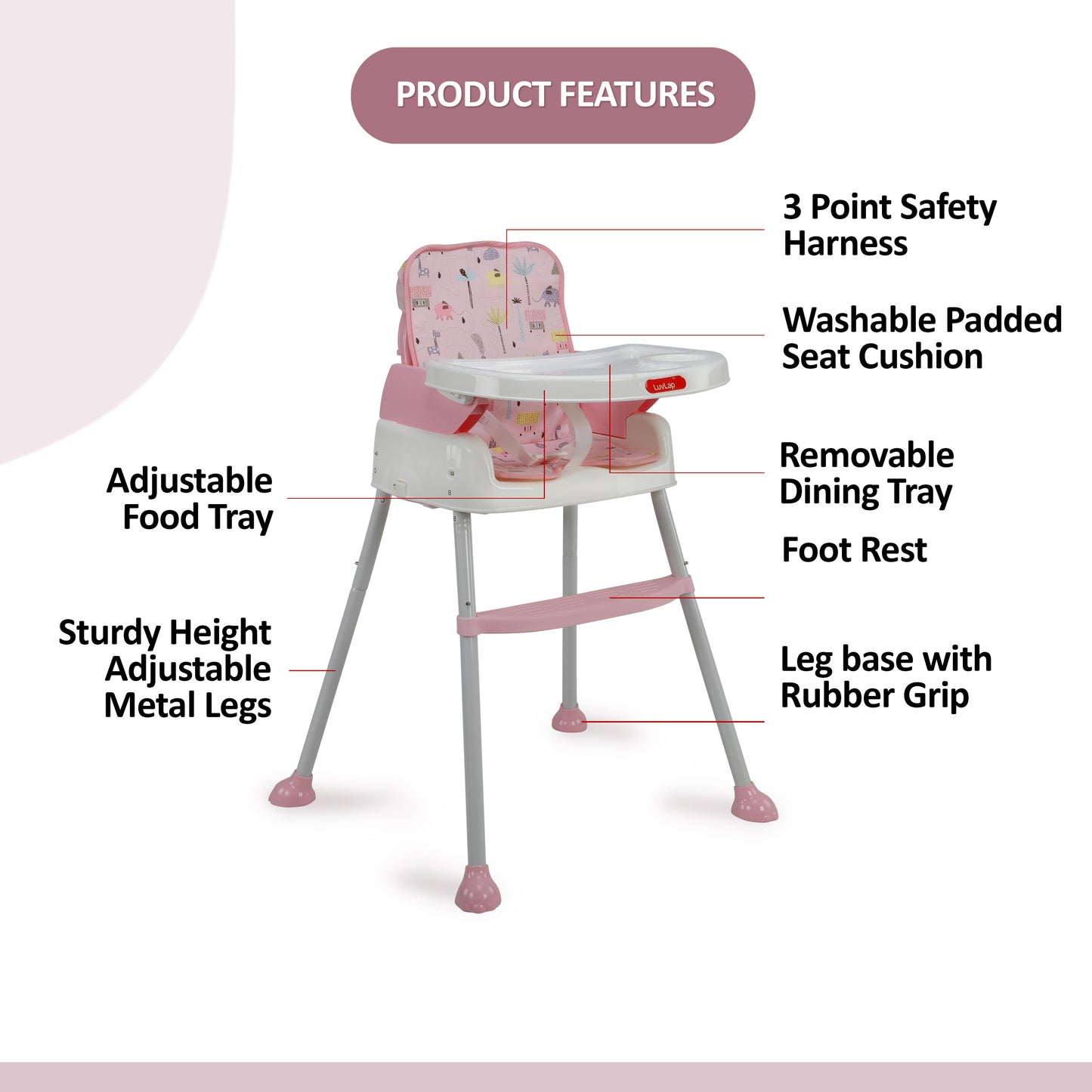 High Chair for Baby/Kids, Toddler Feeding Booster Seat with Wheels, 3 Height adjustments, With Cushion, 6 month to 3 years, Portable (Pink)