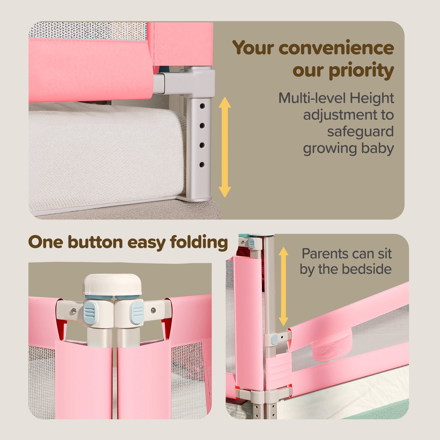 Comfy Baby Bed Rail Guard (6 ft x 2.3 ft), 180cmx72cm, Bed Rails for Baby & Toddler Safety, Portable, Adjustable Height, Single Side Bed Rail, Pack of 1, Printed Pink