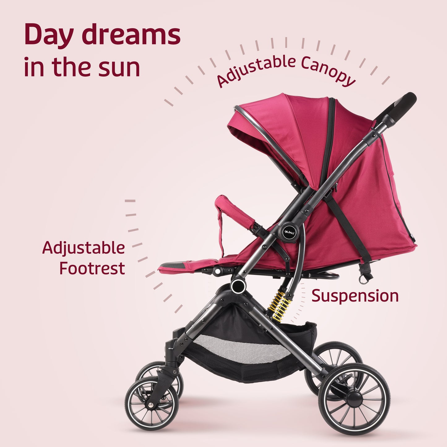 Alpha Baby Stroller/Pram, One Fold, Travel Friendly, 5 Point Safety Harness, Reversible Handle bar, Multilevel Recline & Adjustable footrest, Extendable Canopy, for Babies 0-3 Years (Red)