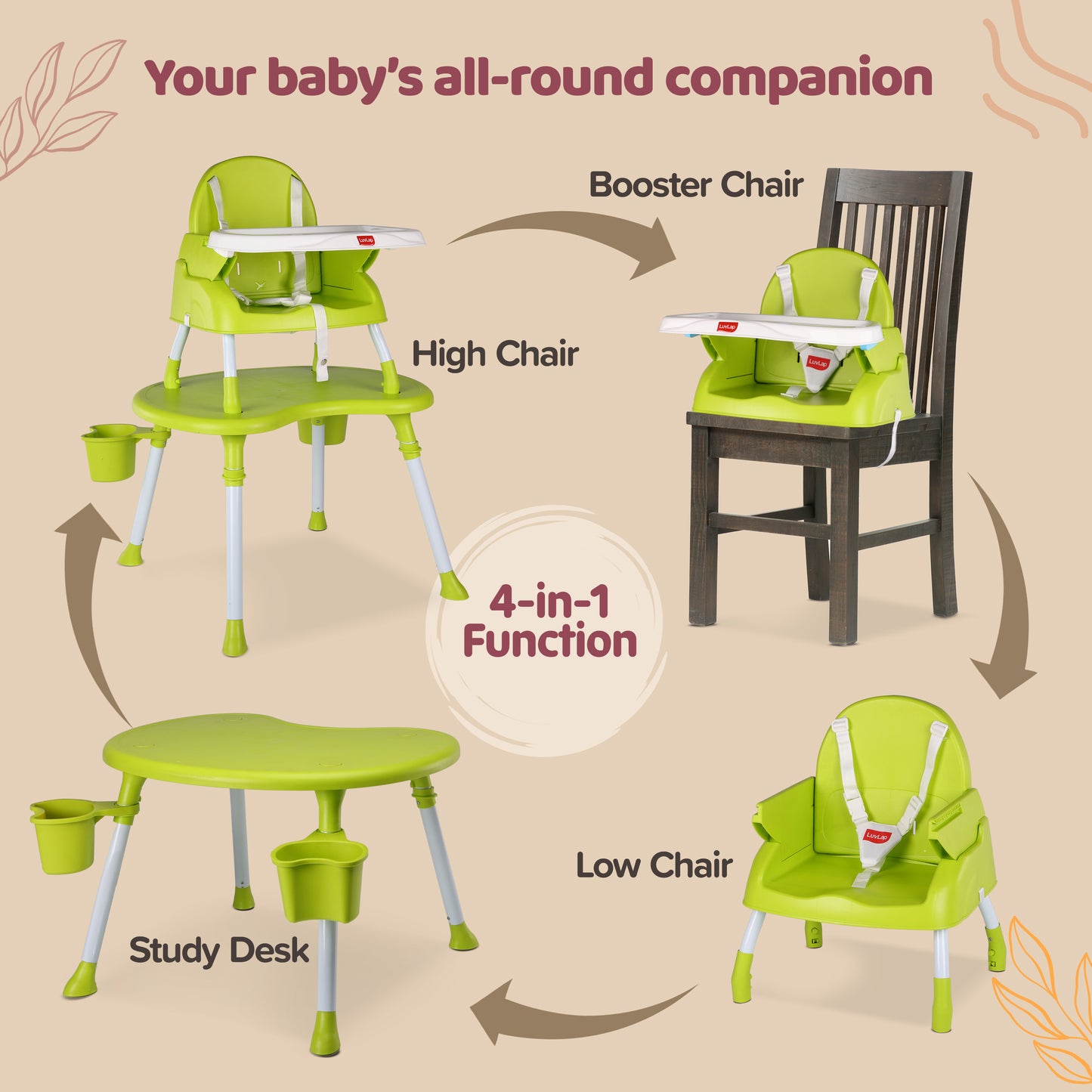 4 in 1 Convertible Baby High Chair with 3 point Safety belts, High Chair, Low Chair, Booster Chair and Table for baby, Removable & washable food tray 6 months+ (Green)