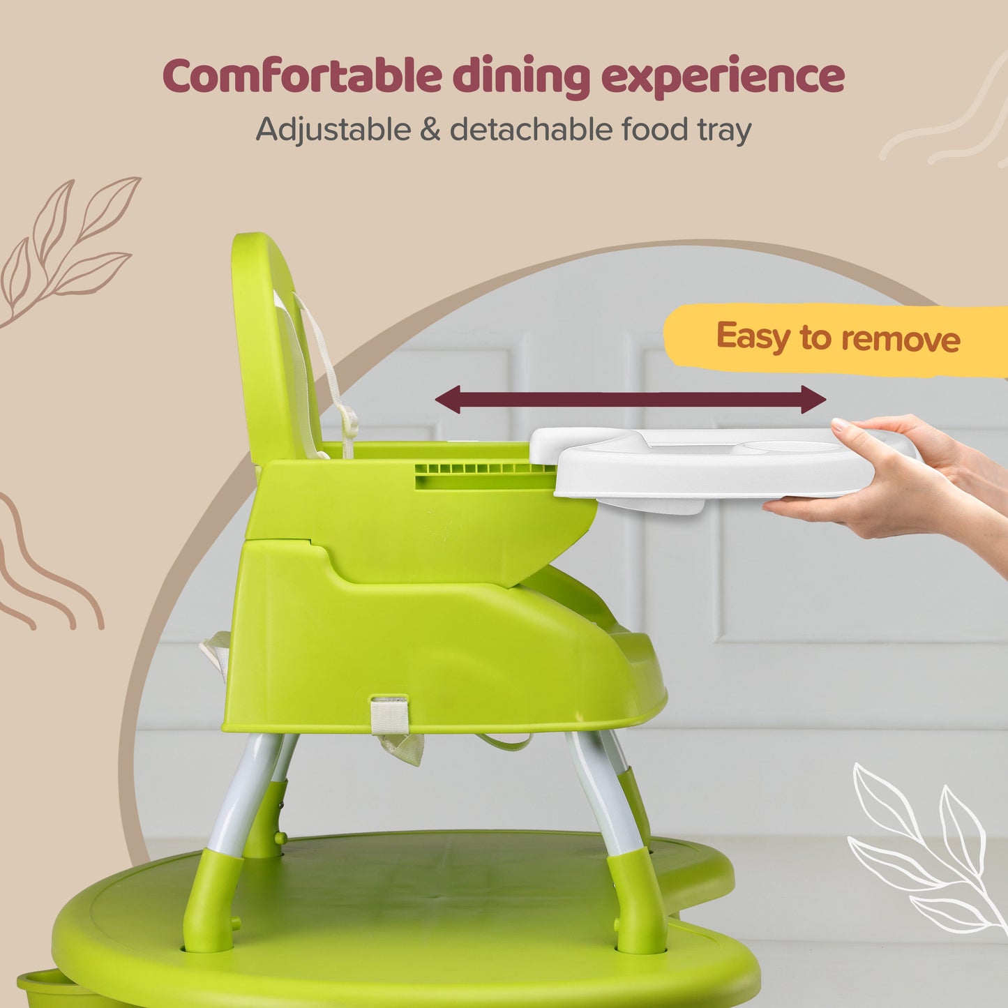 4 in 1 Convertible Baby High Chair with 3 point Safety belts, High Chair, Low Chair, Booster Chair and Table for baby, Removable & washable food tray 6 months+ (Green)