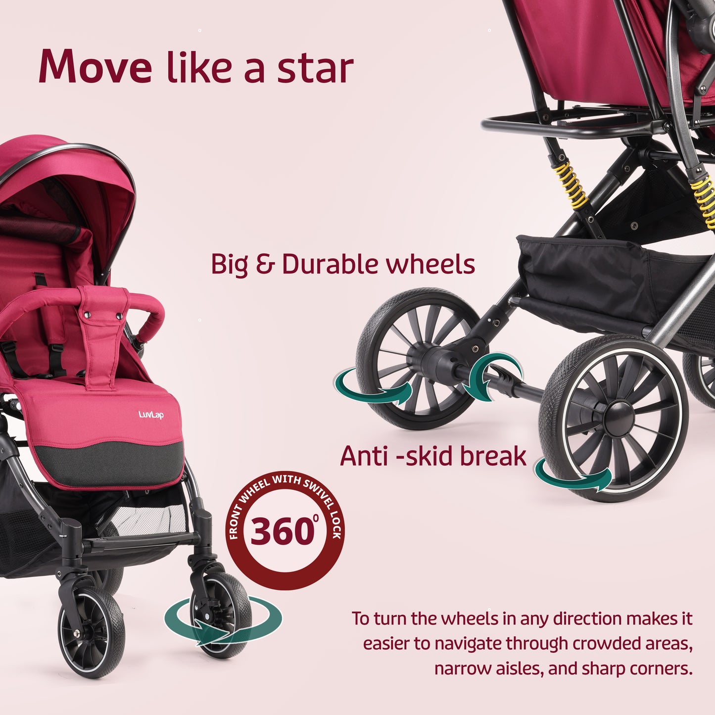 Alpha Baby Stroller/Pram, One Fold, Travel Friendly, 5 Point Safety Harness, Reversible Handle bar, Multilevel Recline & Adjustable footrest, Extendable Canopy, for Babies 0-3 Years (Red)