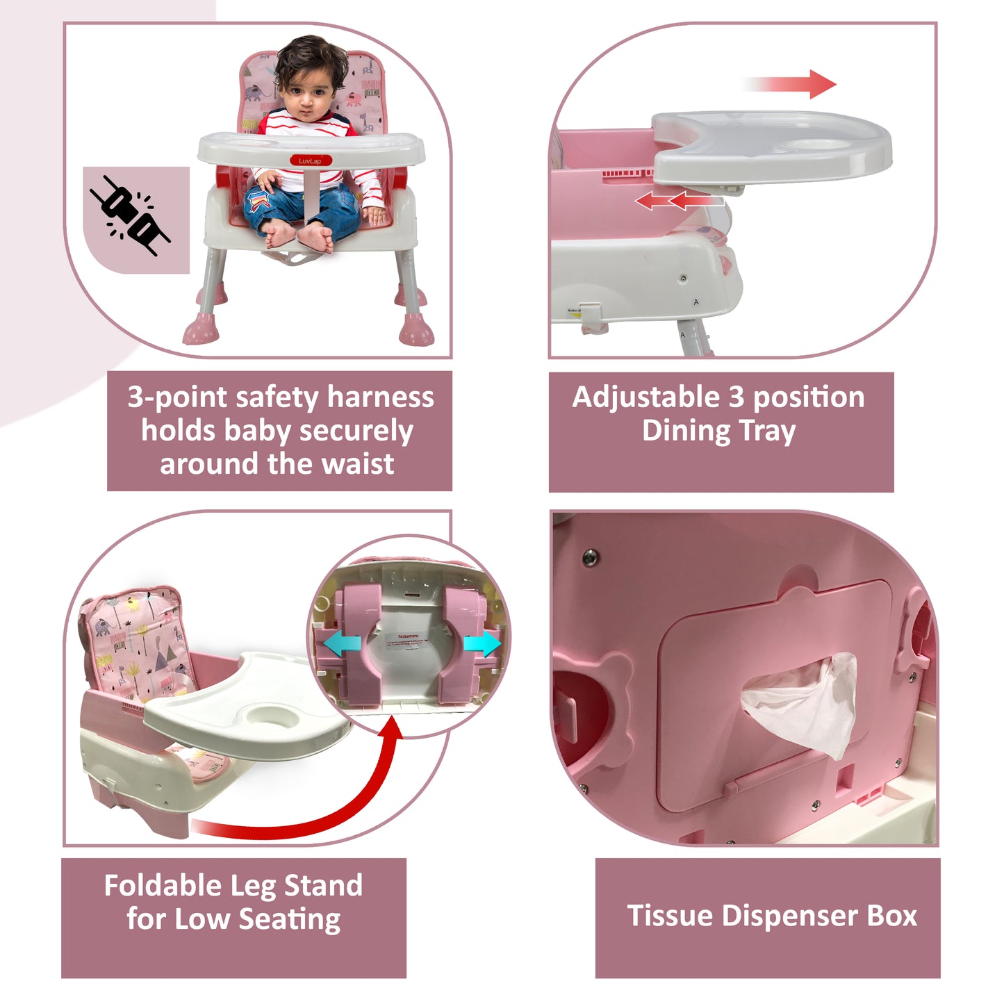 High Chair for Baby/Kids, Toddler Feeding Booster Seat with Wheels, 3 Height adjustments, With Cushion, 6 month to 3 years, Portable (Pink)