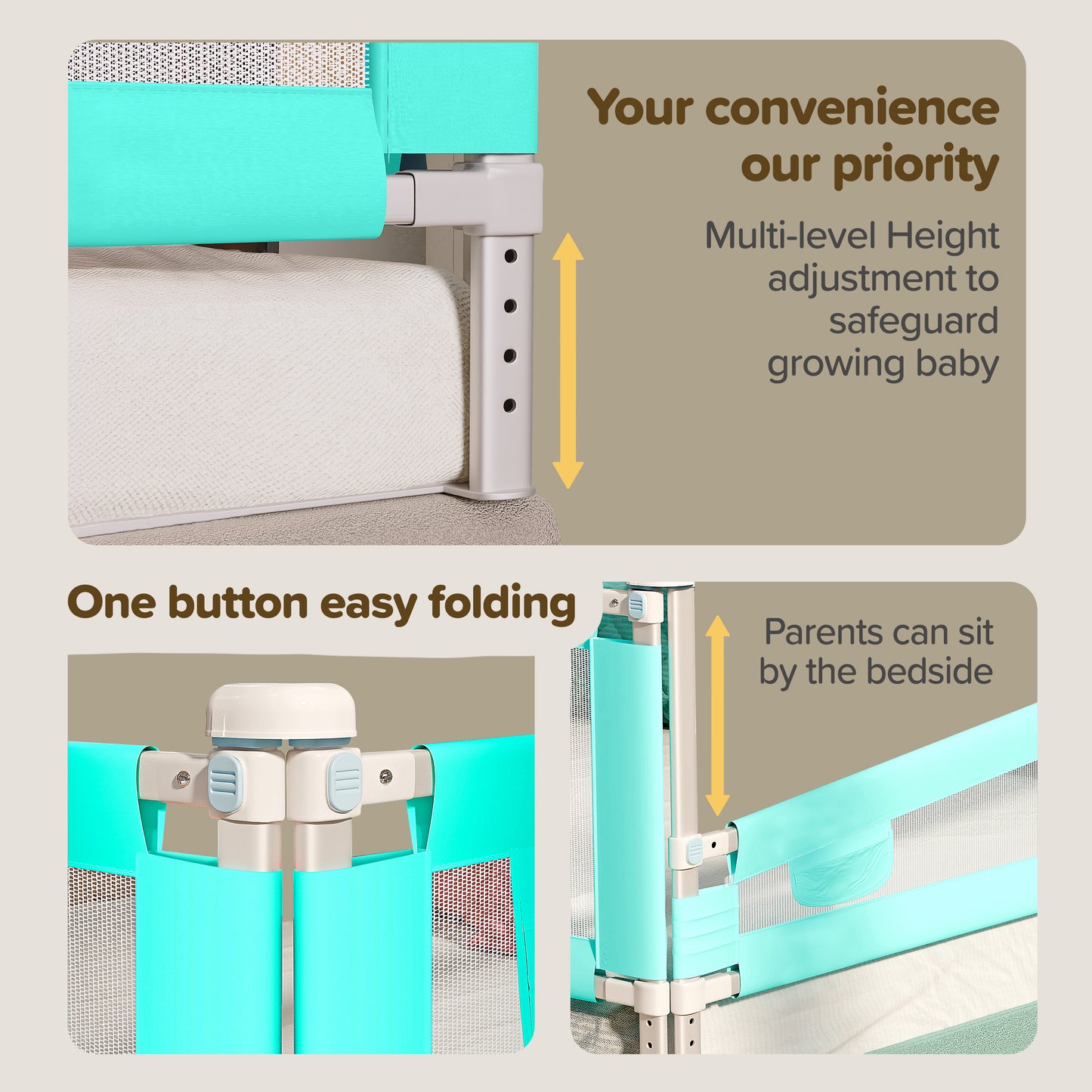 Comfy Baby Bed Rail Guard (6 ft x 2.3 ft), 180cmx72cm, Bed Rails for Baby & Toddler Safety, Portable, Adjustable Height, Single Side Bed Rail, Pack of 1, Printed Green