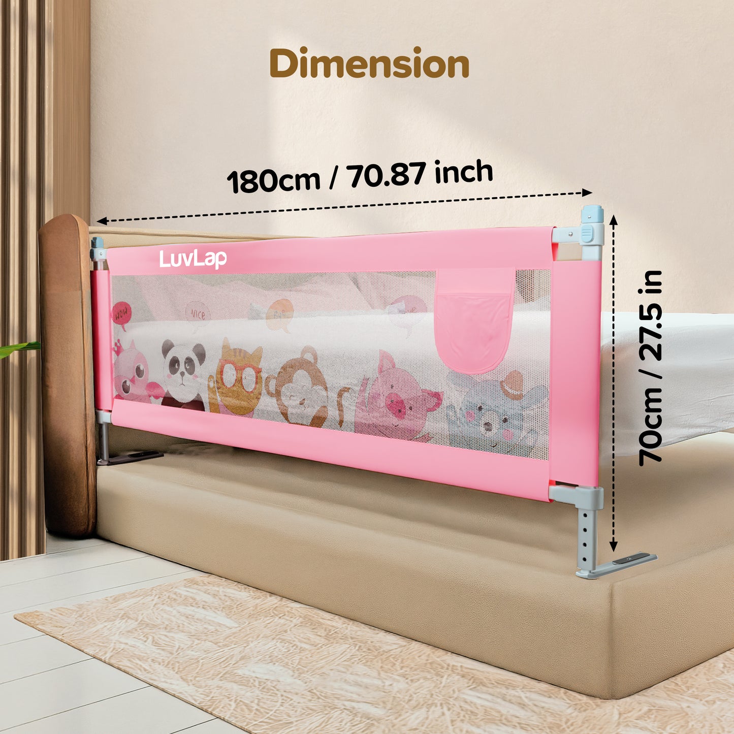 Comfy Baby Bed Rail Guard (6 ft x 2.3 ft), 180cmx72cm, Bed Rails for Baby & Toddler Safety, Portable, Adjustable Height, Single Side Bed Rail, Pack of 1, Printed Pink