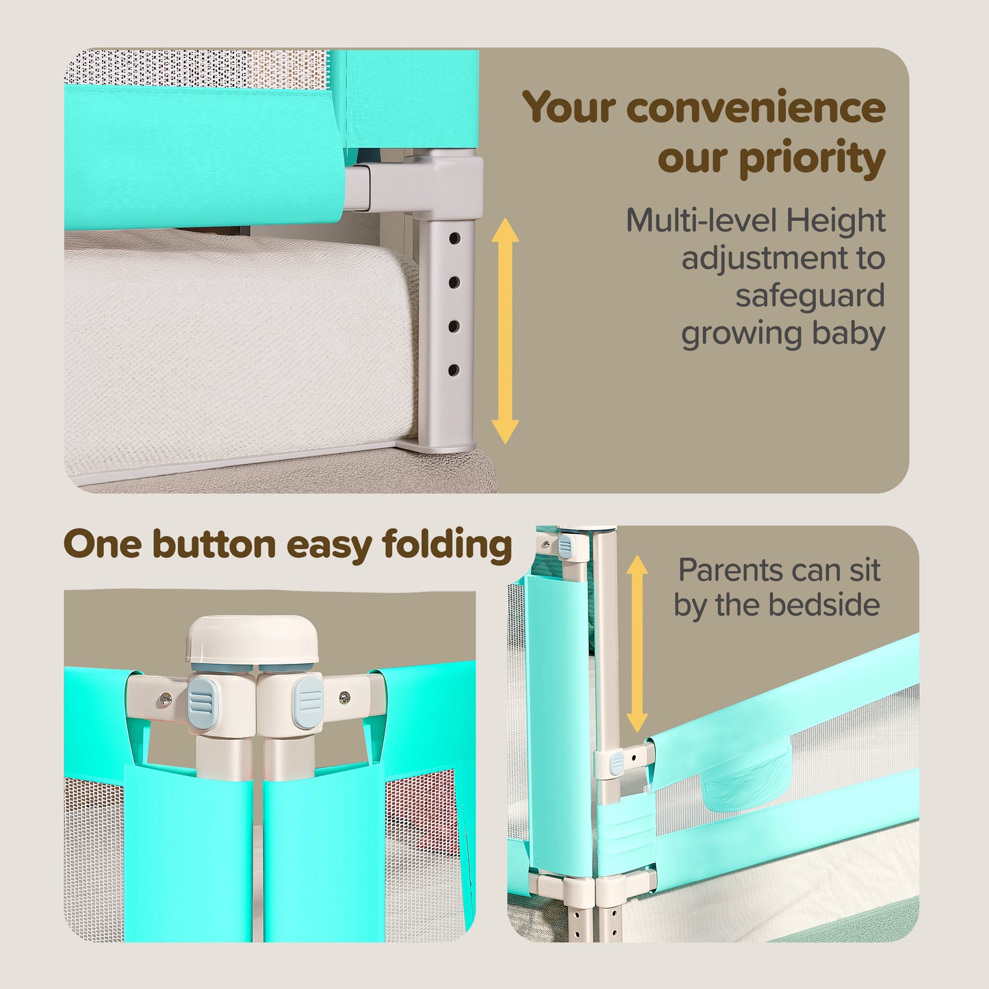 Alloy Steel Bed Rail Guard for Baby/Kids Safety, 180Cm X 72 Cm, Portable & Foldable, Baby Safety Essential, Adjustable Height, Fits All Bed Sizes (Green - Without Print)