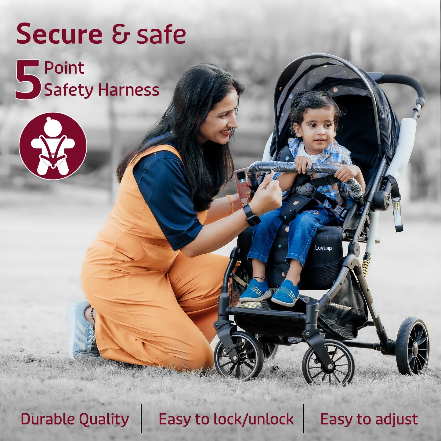 Alpha Baby Stroller/Pram, One Fold, Travel Friendly, 5 Point Safety Harness, Reversible Handle bar, Multilevel Recline & Adjustable footrest, Extendable Canopy, for Babies 0-3 Years (Red)