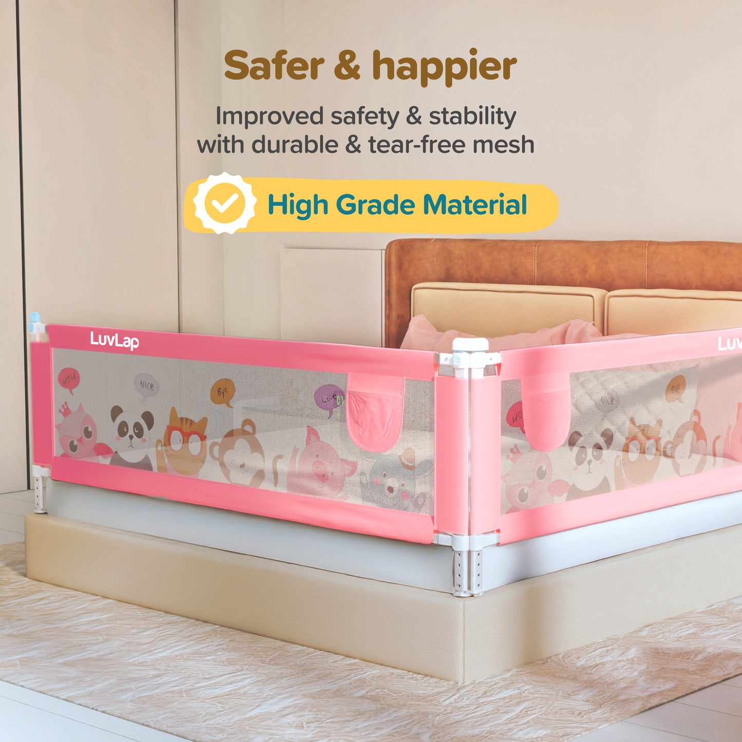 Comfy Baby Bed Rail Guard (6 ft x 2.3 ft), 180cmx72cm, Bed Rails for Baby & Toddler Safety, Portable, Adjustable Height, Single Side Bed Rail, Pack of 1, Printed Pink
