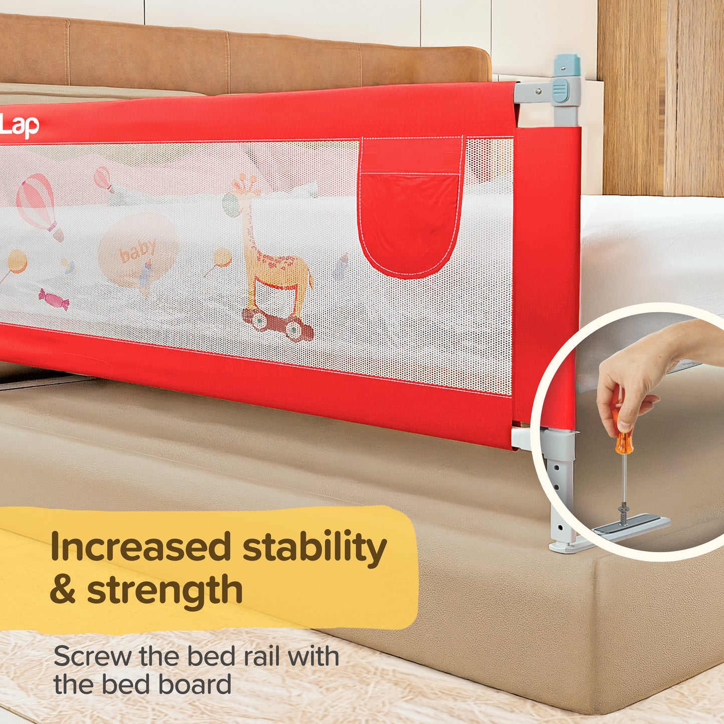 Comfy Baby Bed Rail Guard (6 ft x 2.3 ft), 180cmx72cm, Bed Rails for Baby & Toddler Safety, Portable, Adjustable Height, Single Side Bed Rail, Pack of 1, Printed Red