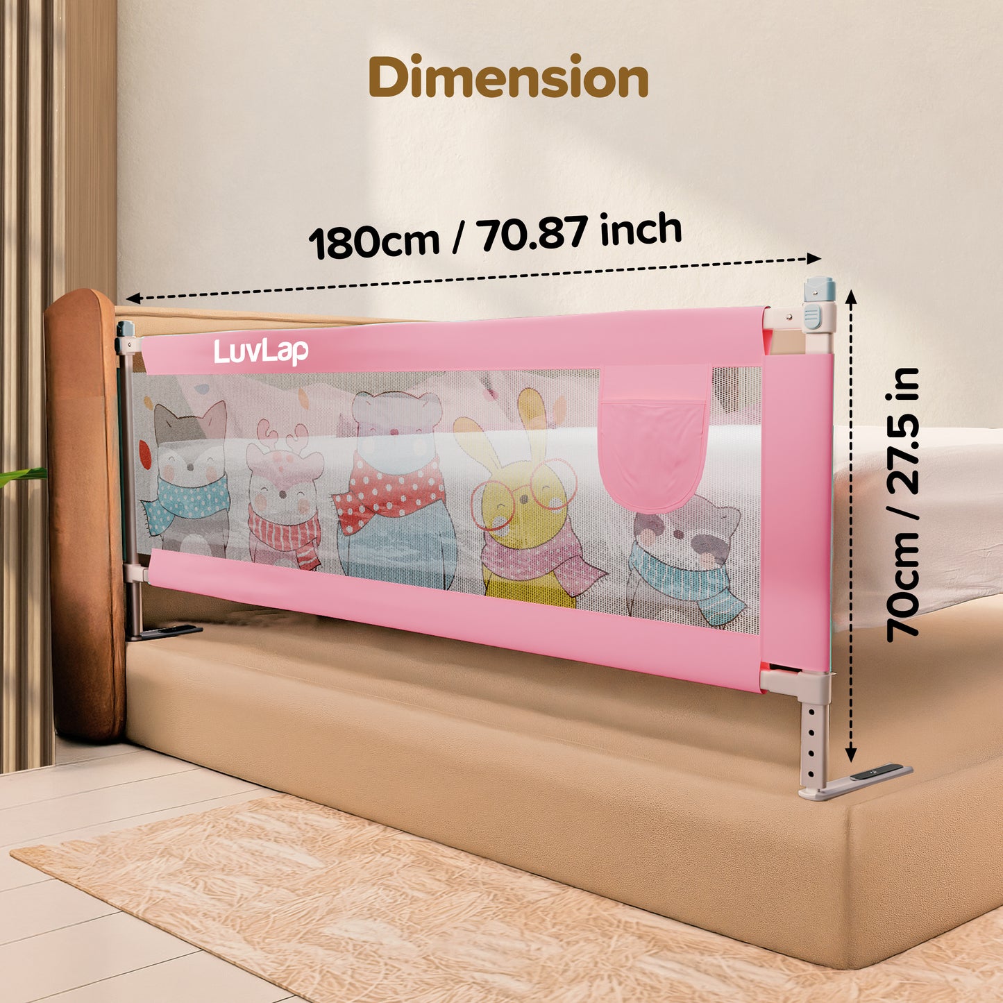 Comfy Baby Bed Rail Guard (6 ft x 2.3 ft), 180cmx72cm, Bed Rails for Baby & Toddler Safety, Portable, Adjustable Height, Single Side Bed Rail, Pack of 1, Printed Pink New