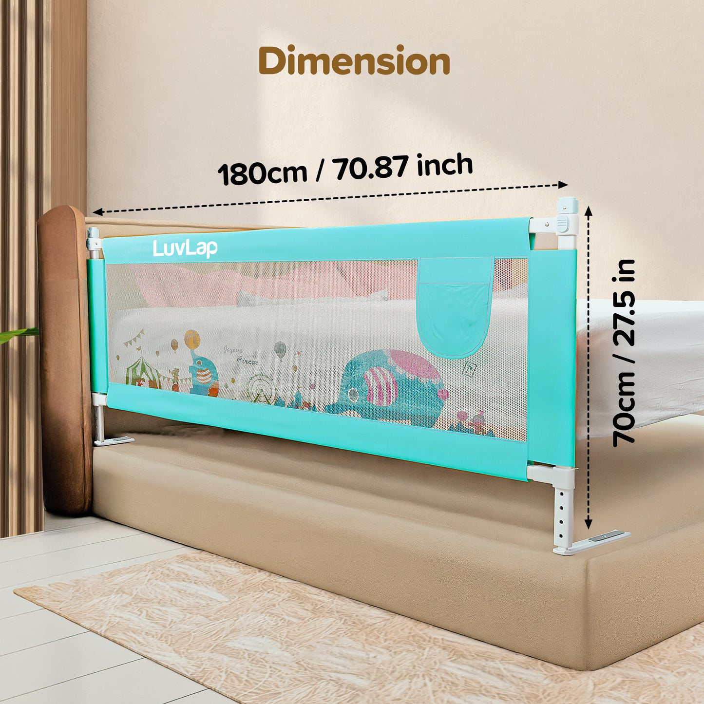 Comfy Baby Bed Rail Guard (6 ft x 2.3 ft), 180cmx72cm, Bed Rails for Baby & Toddler Safety, Portable, Adjustable Height, Single Side Bed Rail, Pack of 1, Green